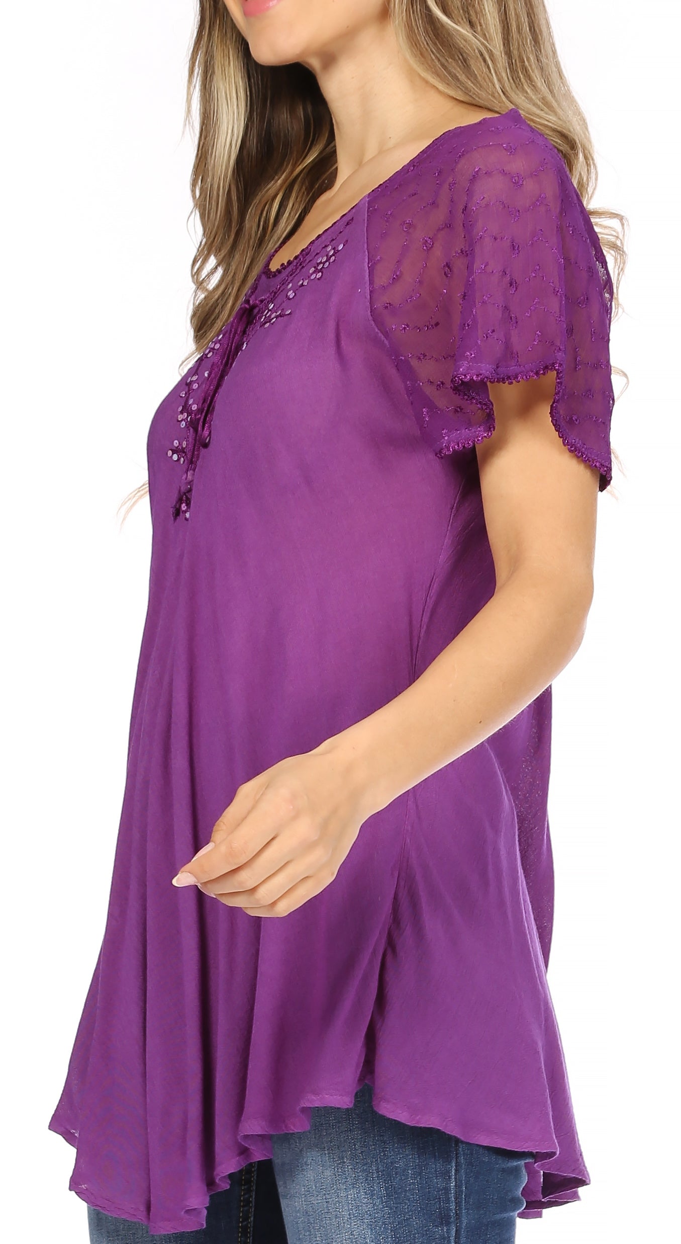 Sakkas Ellie Sequin Embroidered Cap Sleeve Scoop Neck Relaxed Fit Blouse - Concordia Style Boutique