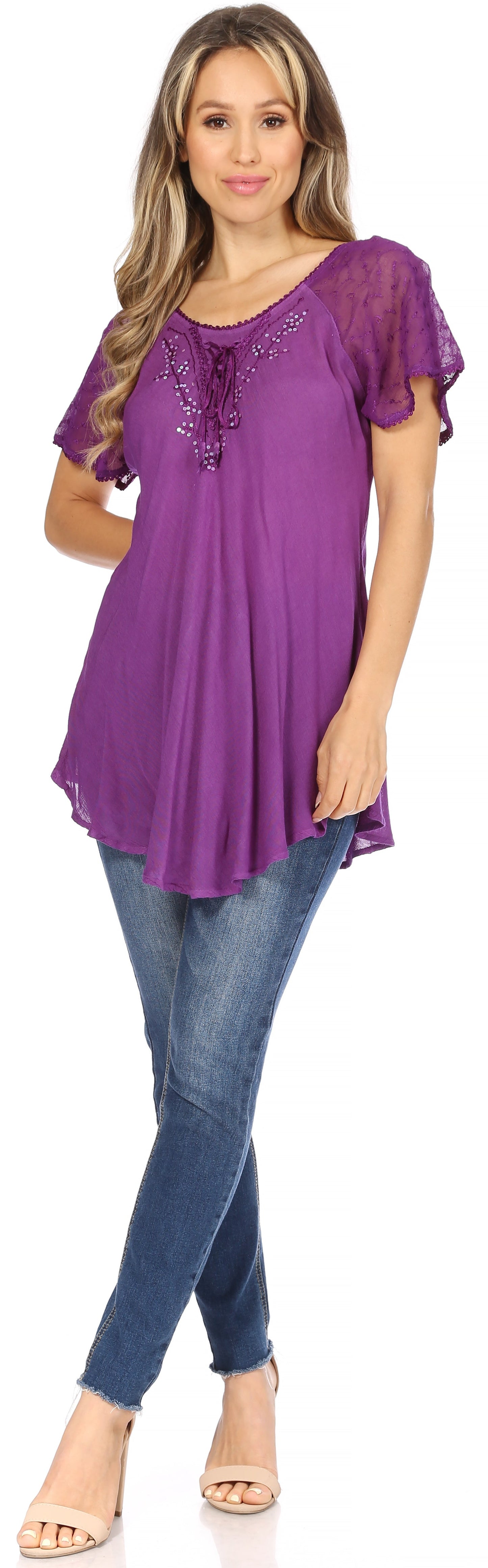 Sakkas Ellie Sequin Embroidered Cap Sleeve Scoop Neck Relaxed Fit Blouse - Concordia Style Boutique