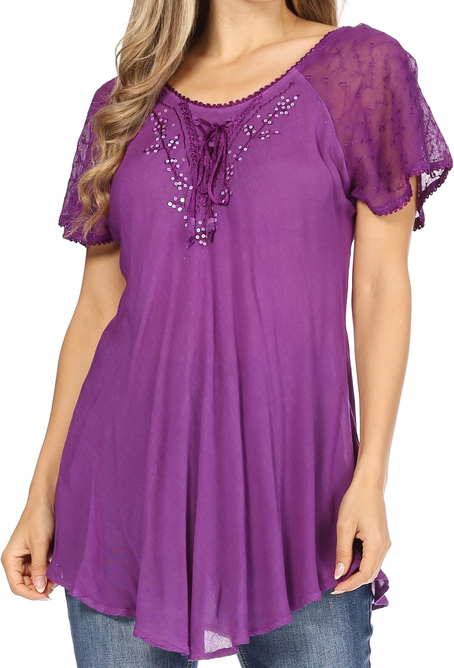 Sakkas Ellie Sequin Embroidered Cap Sleeve Scoop Neck Relaxed Fit Blouse - Concordia Style Boutique