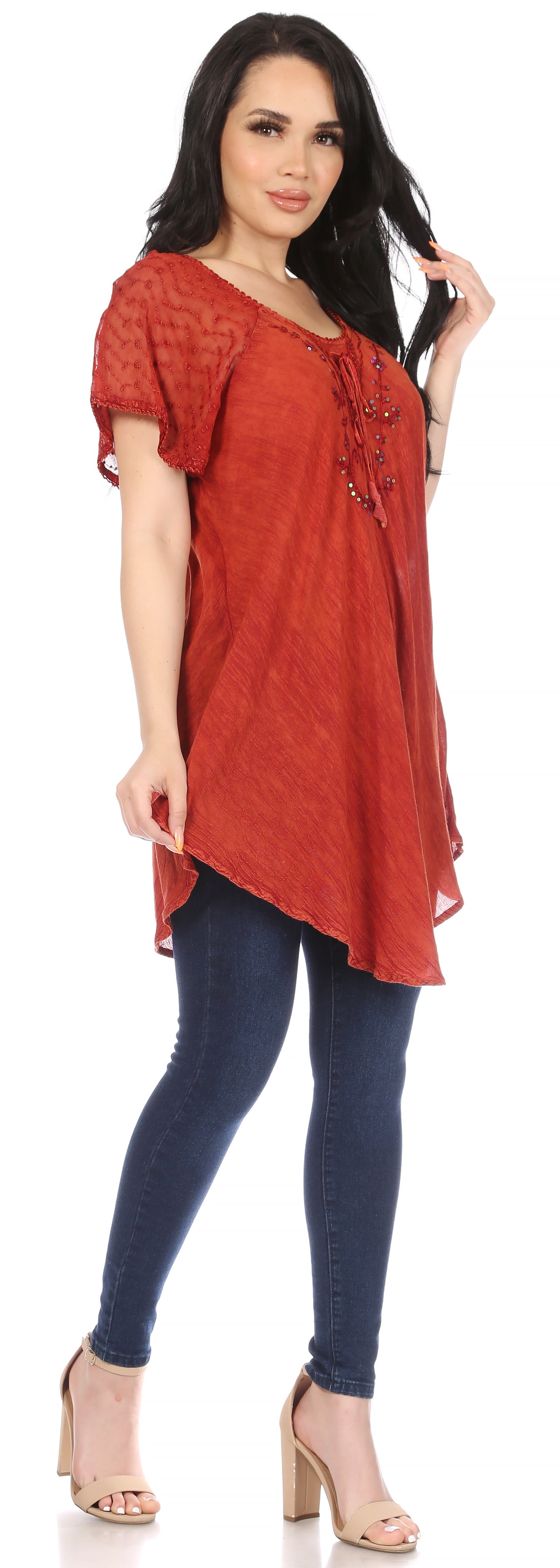 Sakkas Ellie Sequin Embroidered Cap Sleeve Scoop Neck Relaxed Fit Blouse - Concordia Style Boutique