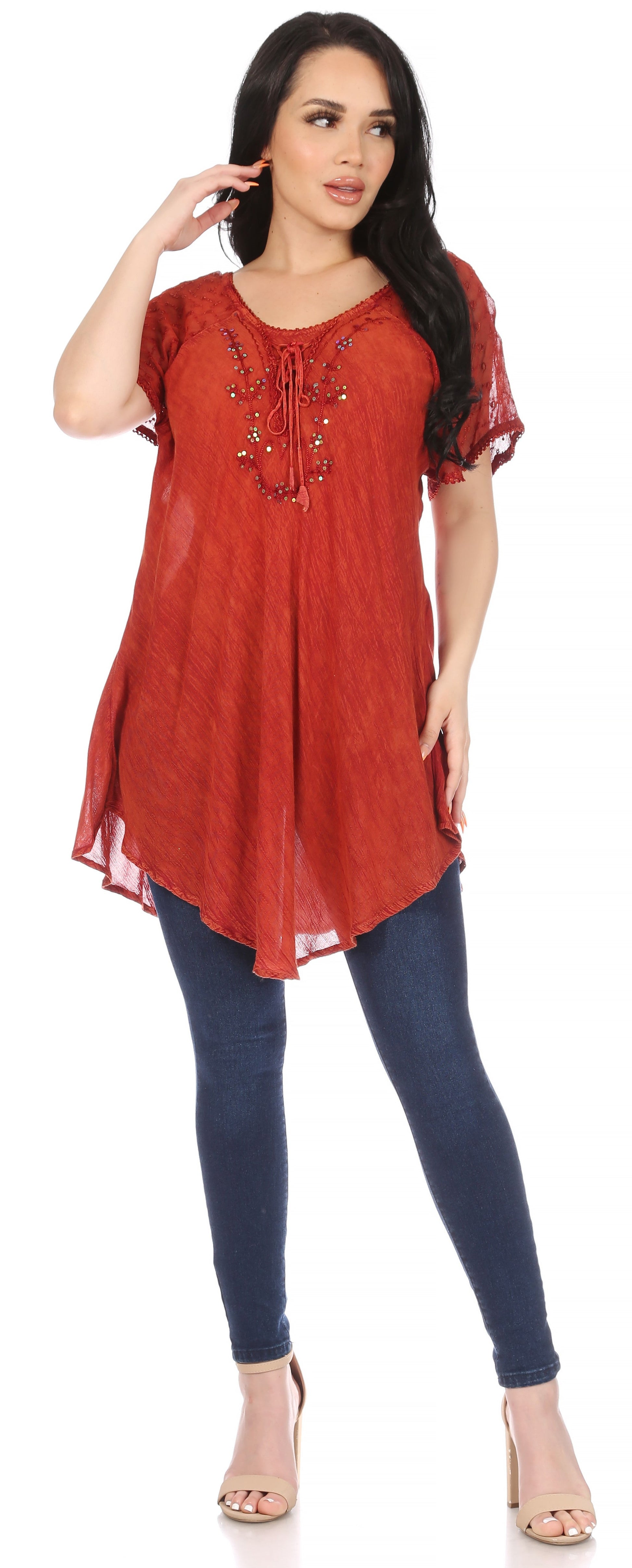 Sakkas Ellie Sequin Embroidered Cap Sleeve Scoop Neck Relaxed Fit Blouse - Concordia Style Boutique