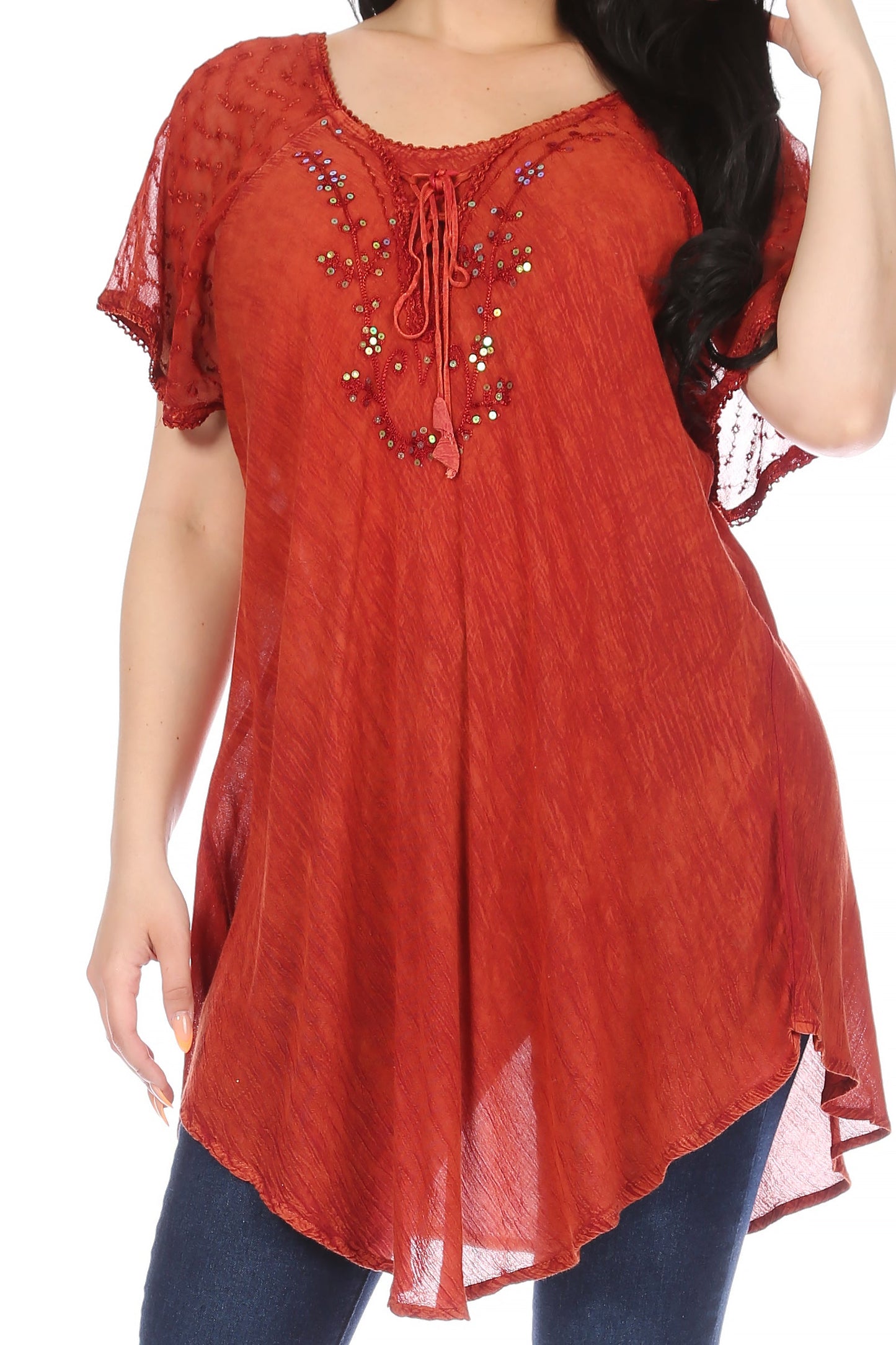 Sakkas Ellie Sequin Embroidered Cap Sleeve Scoop Neck Relaxed Fit Blouse - Concordia Style Boutique
