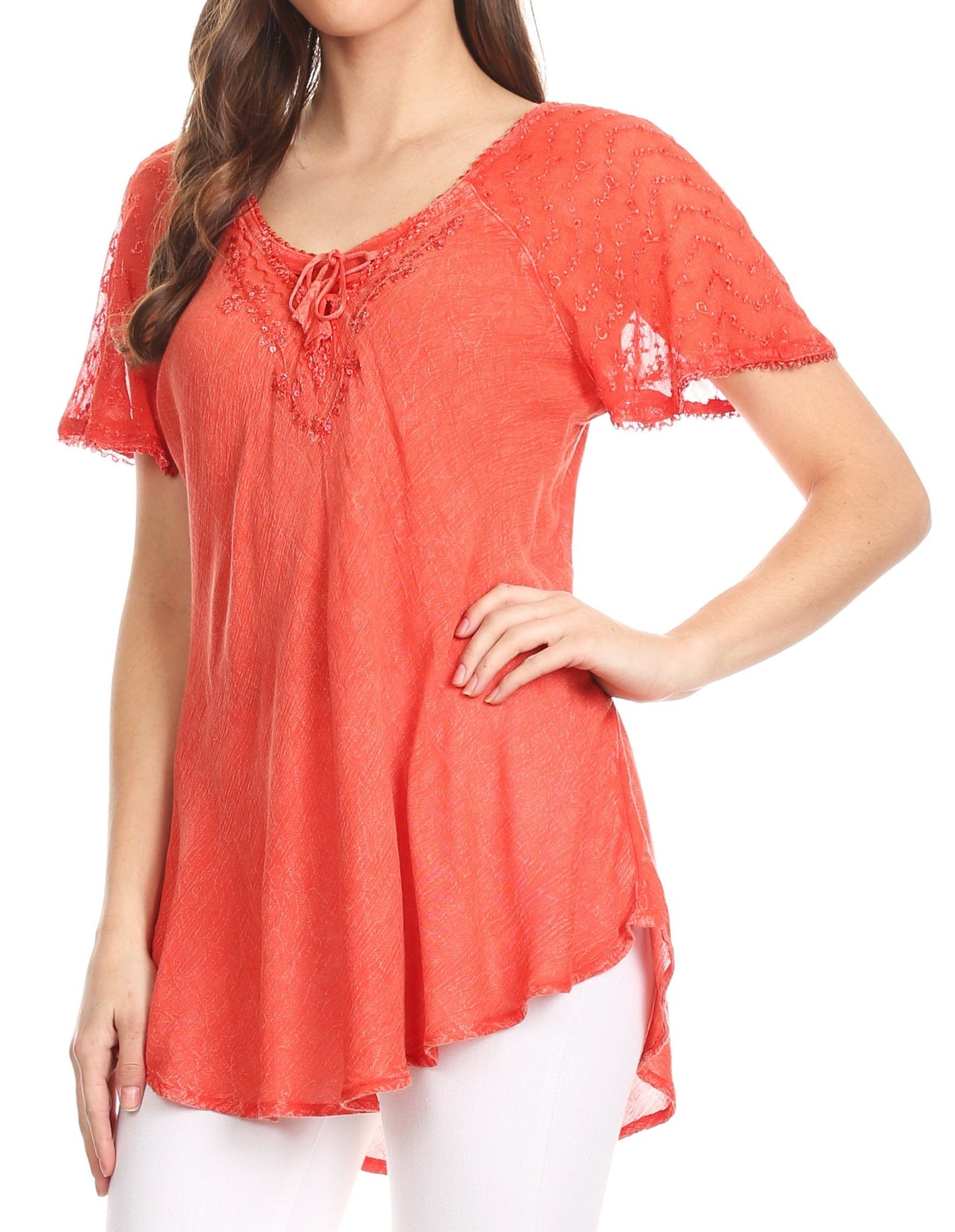Sakkas Ellie Sequin Embroidered Cap Sleeve Scoop Neck Relaxed Fit Blouse - Concordia Style Boutique