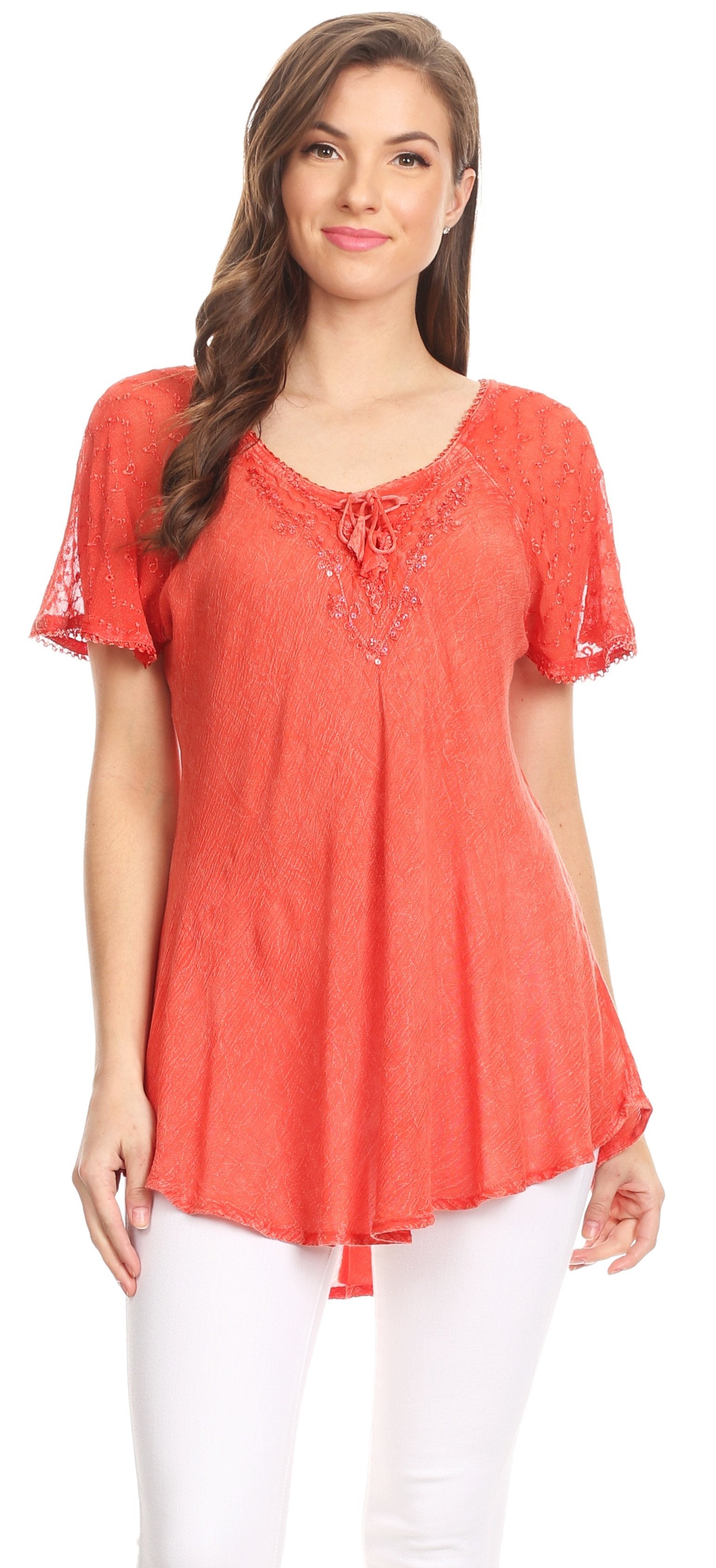 Sakkas Ellie Sequin Embroidered Cap Sleeve Scoop Neck Relaxed Fit Blouse - Concordia Style Boutique