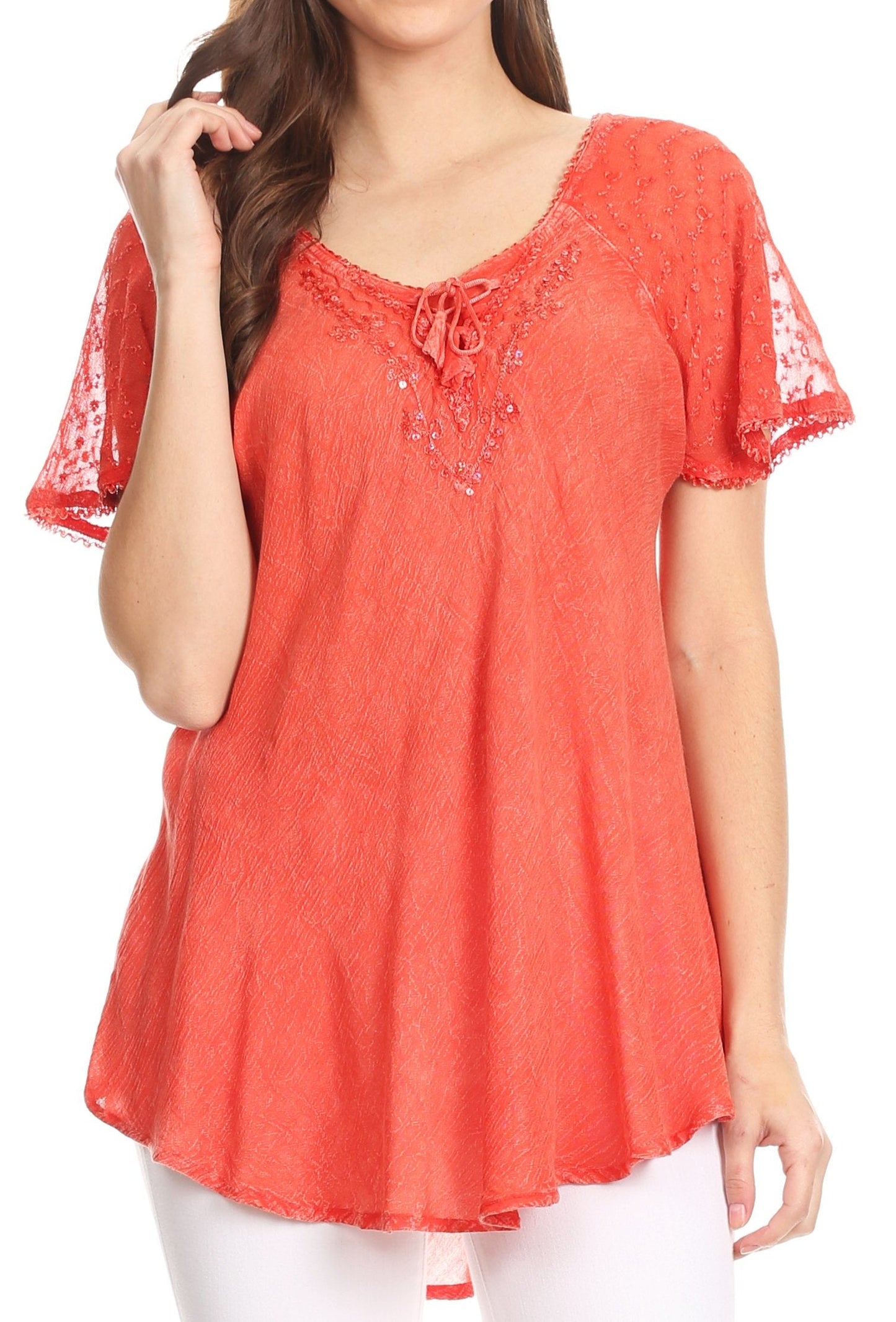 Sakkas Ellie Sequin Embroidered Cap Sleeve Scoop Neck Relaxed Fit Blouse - Concordia Style Boutique