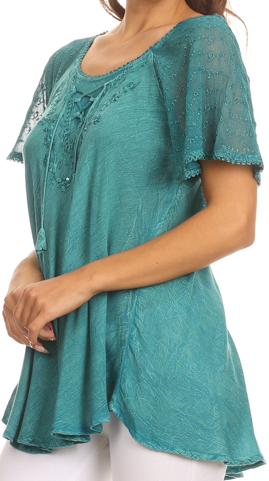 Sakkas Ellie Sequin Embroidered Cap Sleeve Scoop Neck Relaxed Fit Blouse - Concordia Style Boutique