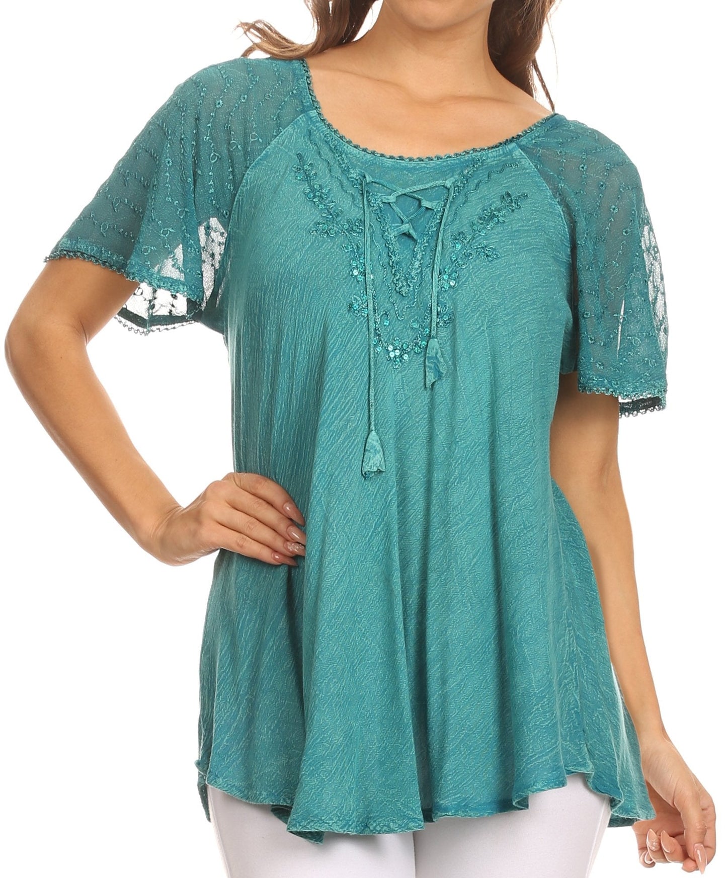 Sakkas Ellie Sequin Embroidered Cap Sleeve Scoop Neck Relaxed Fit Blouse - Concordia Style Boutique