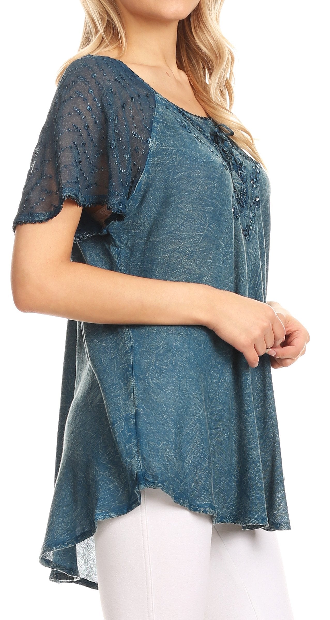Sakkas Ellie Sequin Embroidered Cap Sleeve Scoop Neck Relaxed Fit Blouse - Concordia Style Boutique