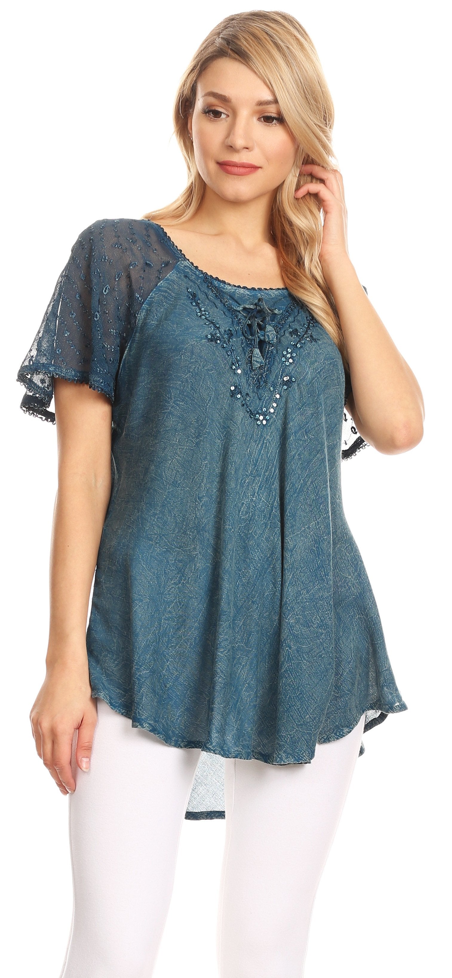 Sakkas Ellie Sequin Embroidered Cap Sleeve Scoop Neck Relaxed Fit Blouse - Concordia Style Boutique