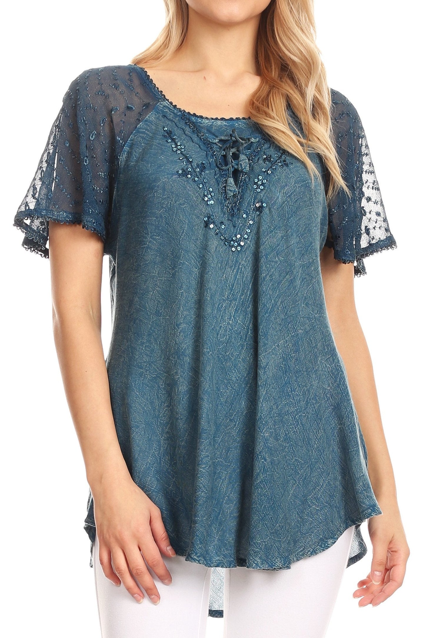 Sakkas Ellie Sequin Embroidered Cap Sleeve Scoop Neck Relaxed Fit Blouse - Concordia Style Boutique