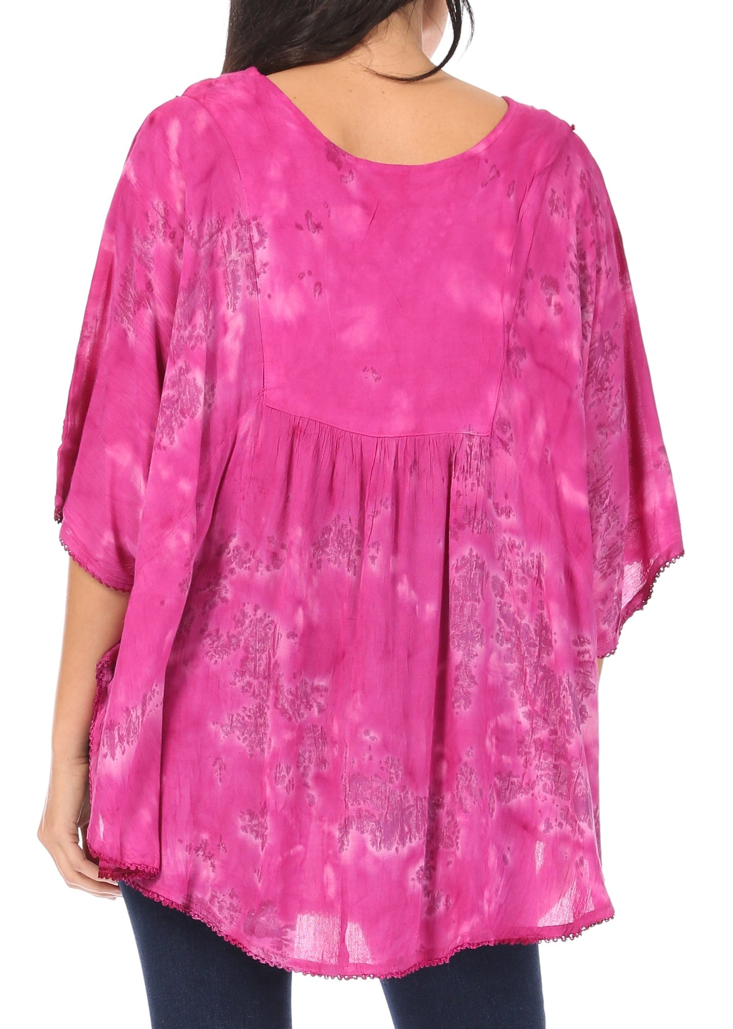 Sakkas Cleeo Long Wide Tie Dye Lace Embroidered Sequin Poncho Blouse Top Cover Up - Concordia Style Boutique