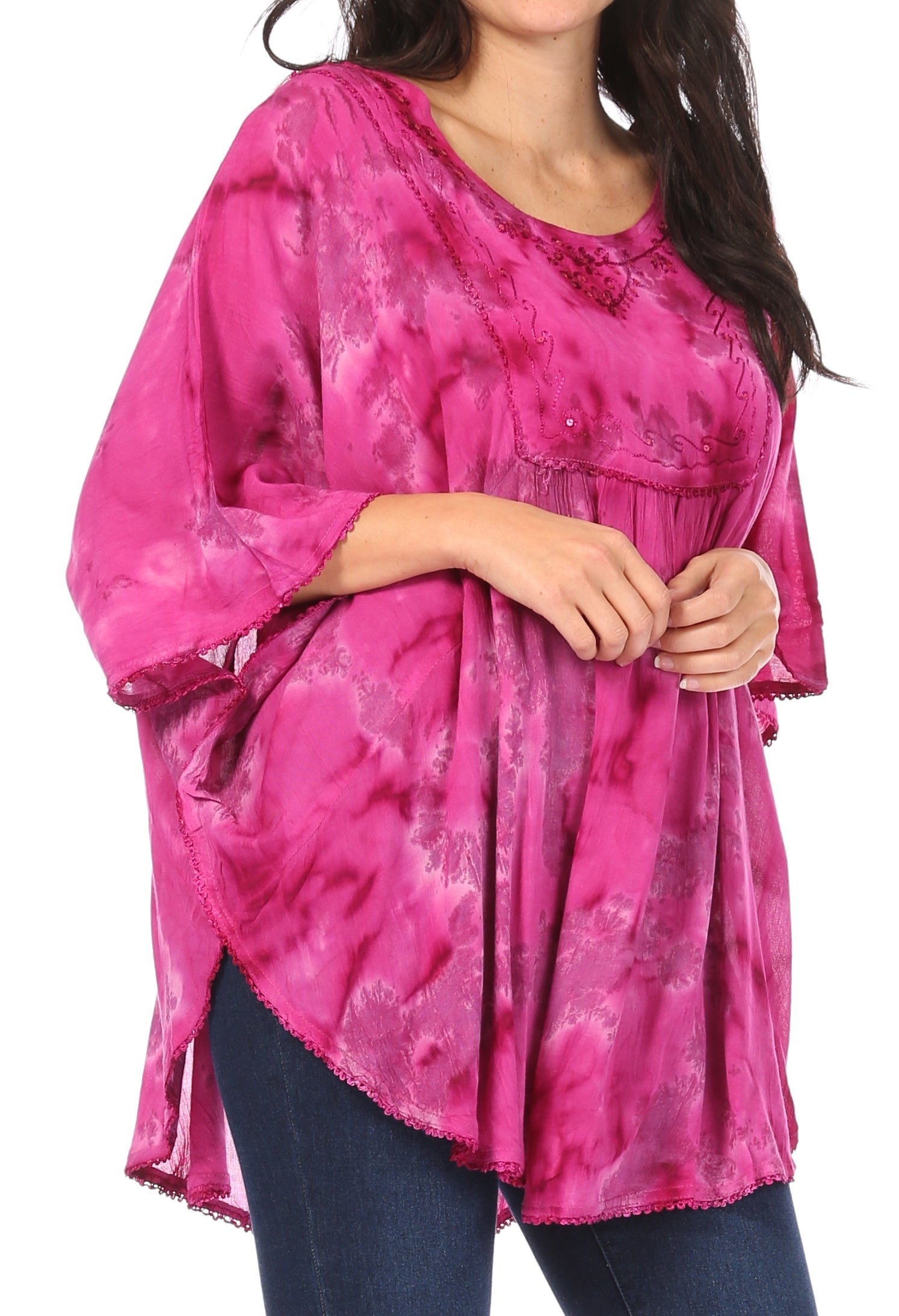 Sakkas Cleeo Long Wide Tie Dye Lace Embroidered Sequin Poncho Blouse Top Cover Up - Concordia Style Boutique