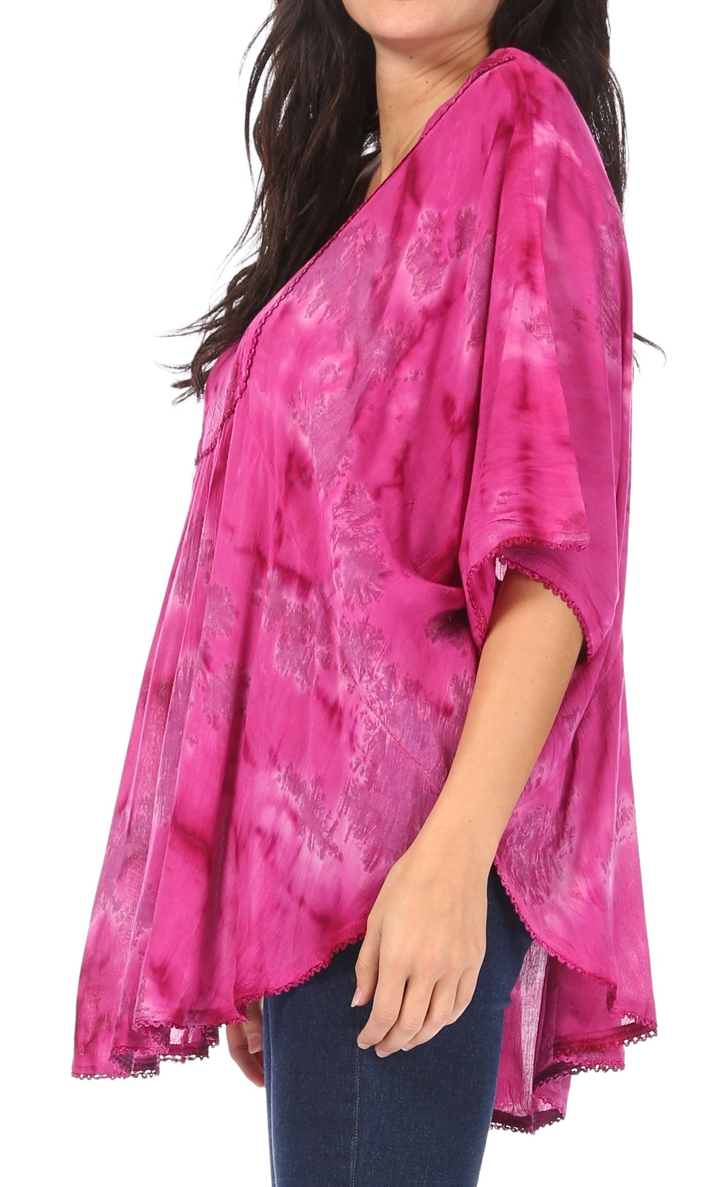 Sakkas Cleeo Long Wide Tie Dye Lace Embroidered Sequin Poncho Blouse Top Cover Up - Concordia Style Boutique