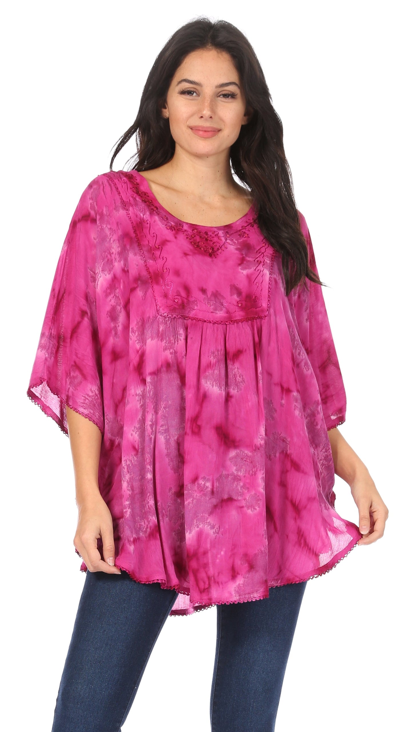 Sakkas Cleeo Long Wide Tie Dye Lace Embroidered Sequin Poncho Blouse Top Cover Up - Concordia Style Boutique