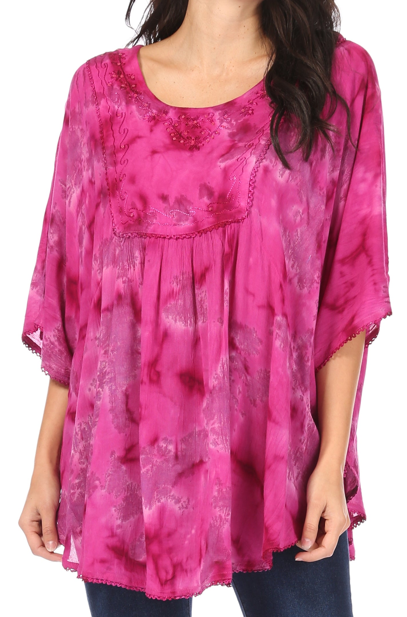 Sakkas Cleeo Long Wide Tie Dye Lace Embroidered Sequin Poncho Blouse Top Cover Up - Concordia Style Boutique