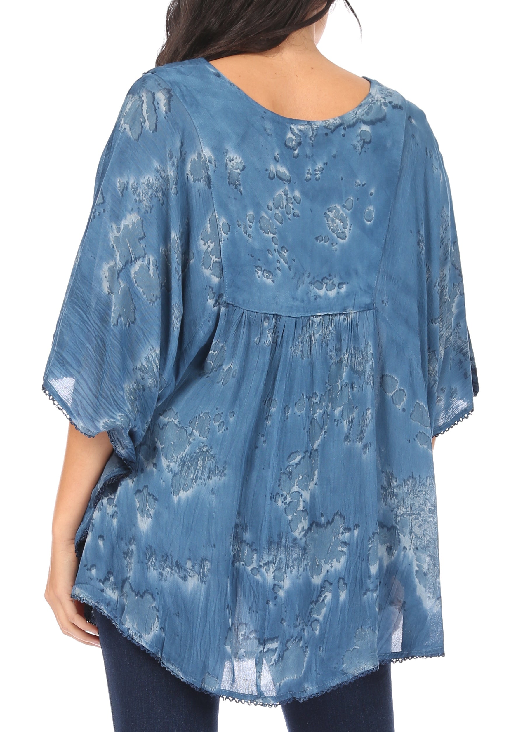 Sakkas Cleeo Long Wide Tie Dye Lace Embroidered Sequin Poncho Blouse Top Cover Up - Concordia Style Boutique