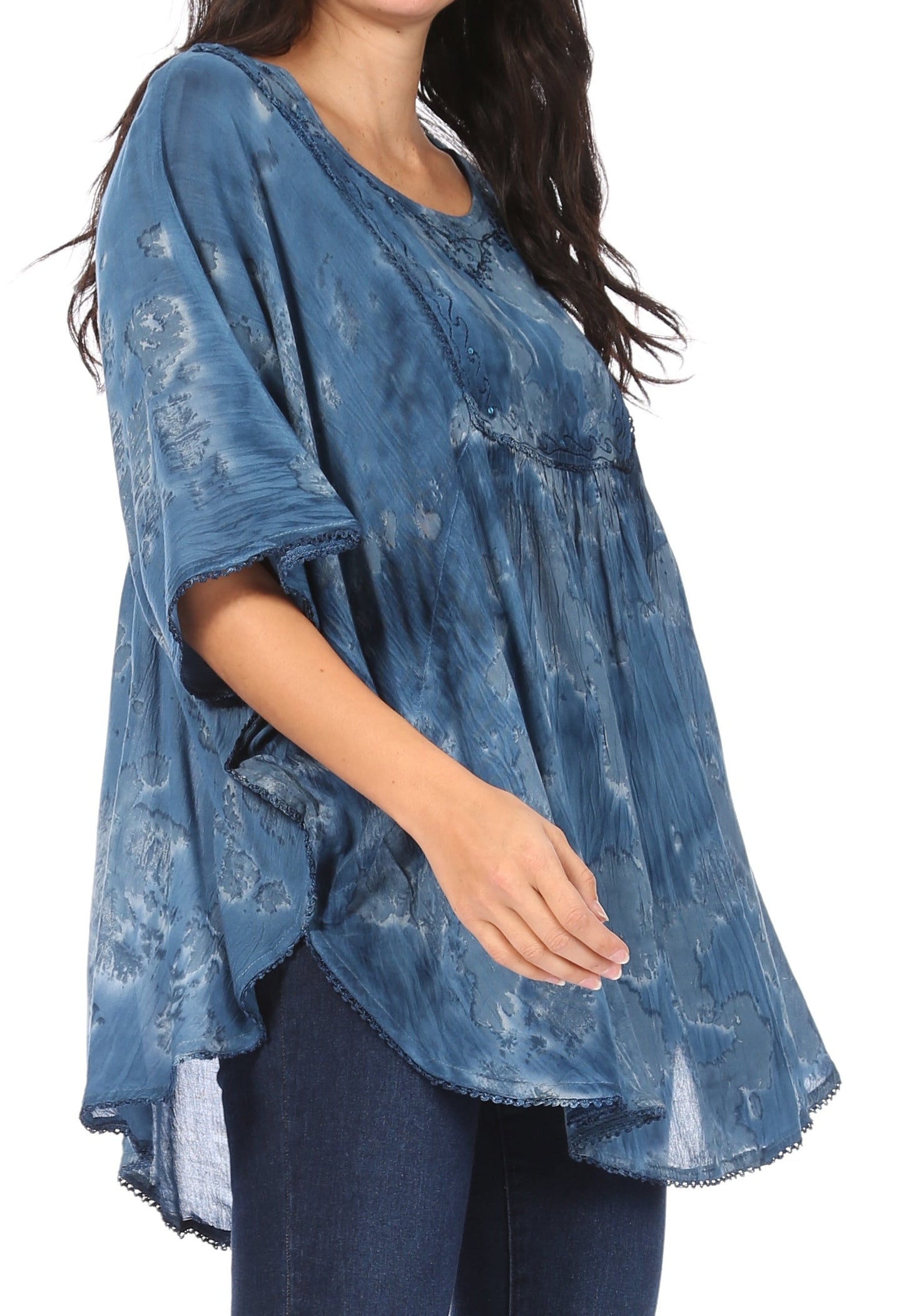 Sakkas Cleeo Long Wide Tie Dye Lace Embroidered Sequin Poncho Blouse Top Cover Up - Concordia Style Boutique