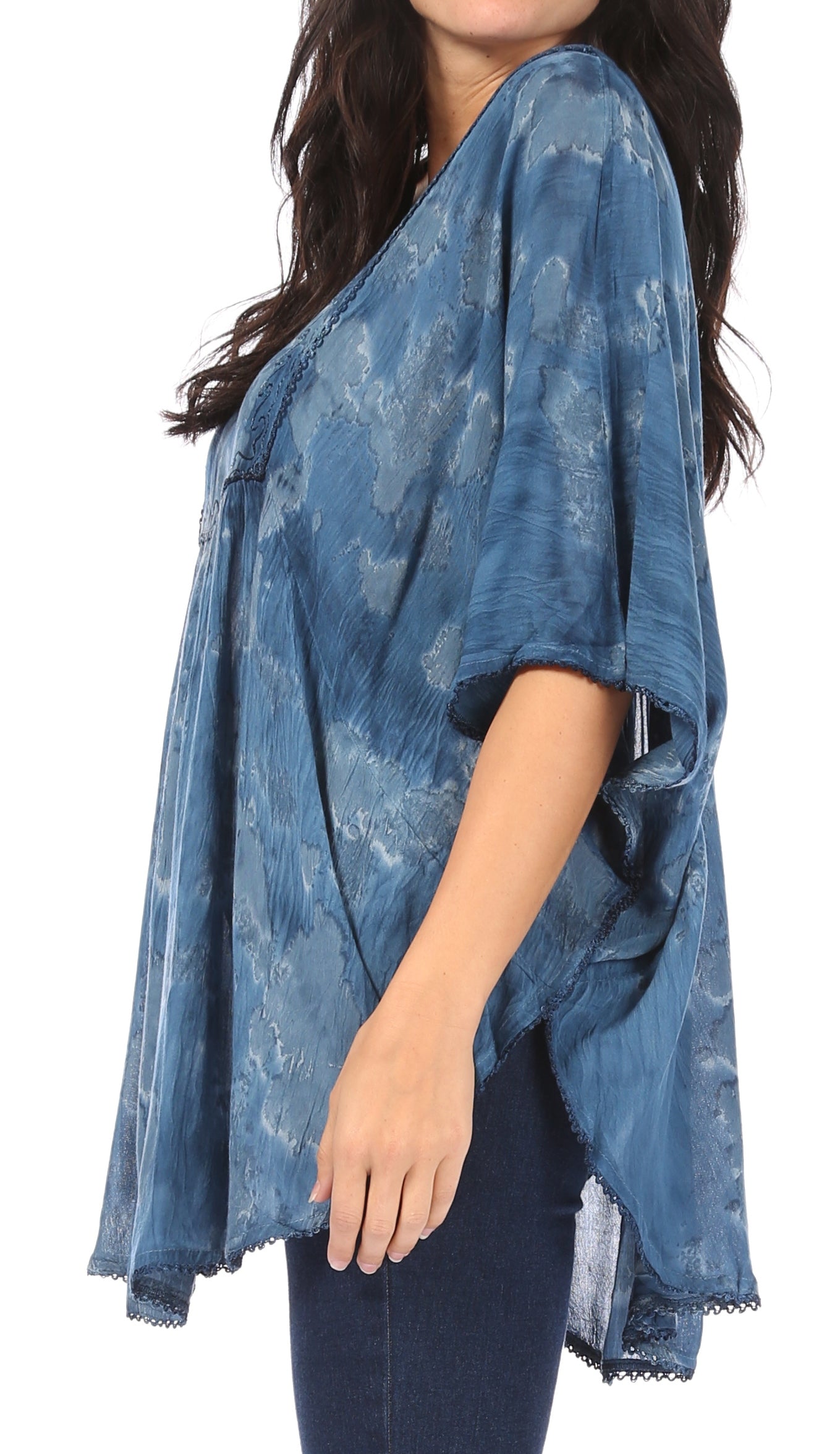 Sakkas Cleeo Long Wide Tie Dye Lace Embroidered Sequin Poncho Blouse Top Cover Up - Concordia Style Boutique