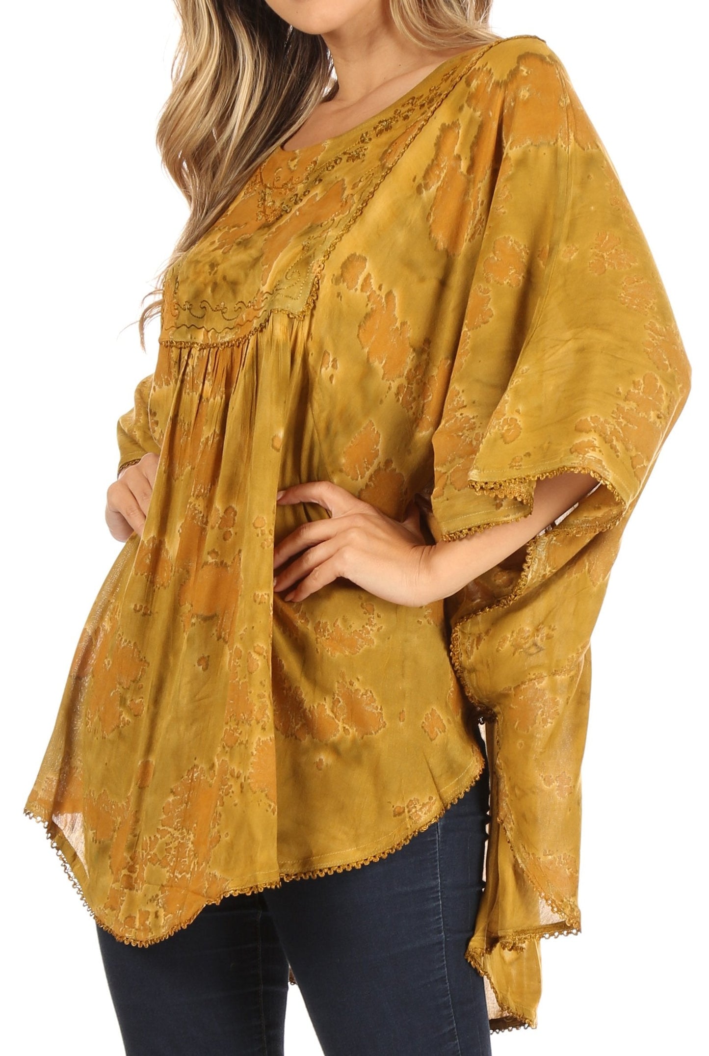 Sakkas Cleeo Long Wide Tie Dye Lace Embroidered Sequin Poncho Blouse Top Cover Up - Concordia Style Boutique