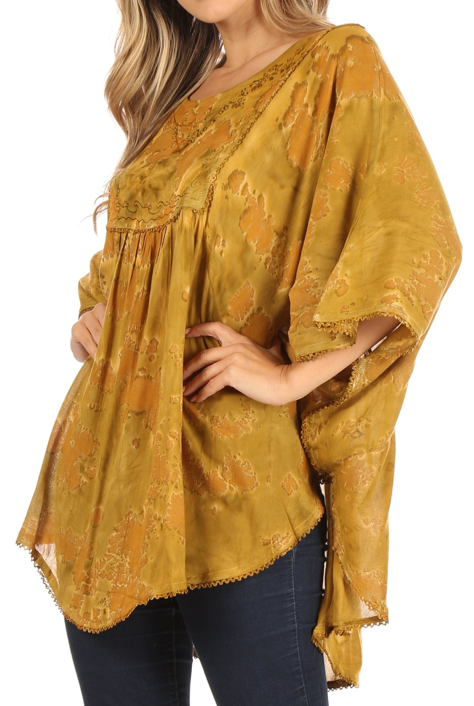 Sakkas Cleeo Long Wide Tie Dye Lace Embroidered Sequin Poncho Blouse Top Cover Up - Concordia Style Boutique