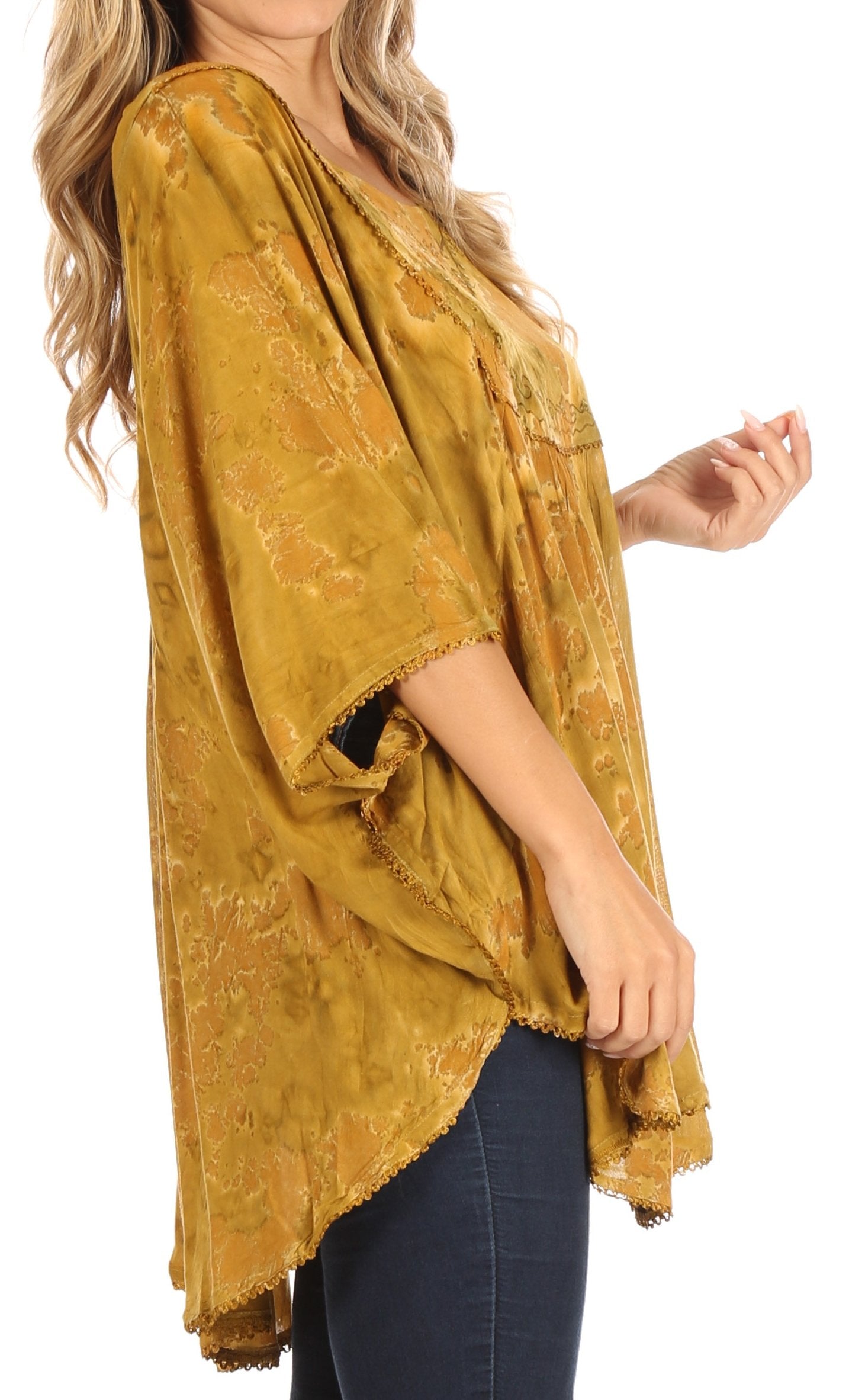 Sakkas Cleeo Long Wide Tie Dye Lace Embroidered Sequin Poncho Blouse Top Cover Up - Concordia Style Boutique