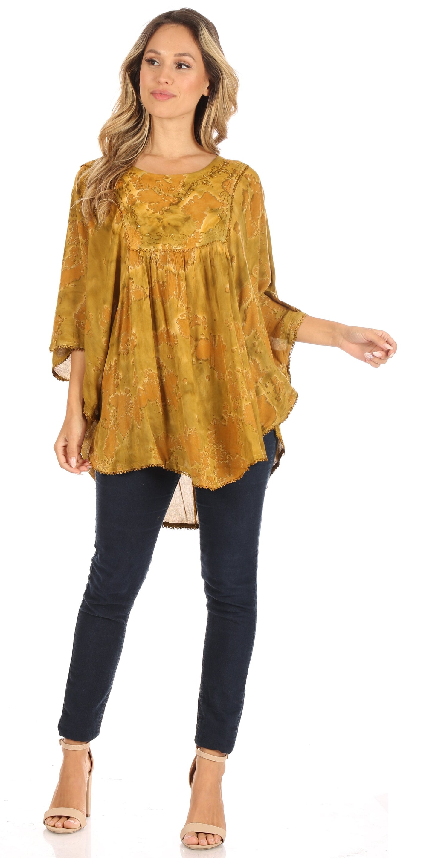 Sakkas Cleeo Long Wide Tie Dye Lace Embroidered Sequin Poncho Blouse Top Cover Up - Concordia Style Boutique