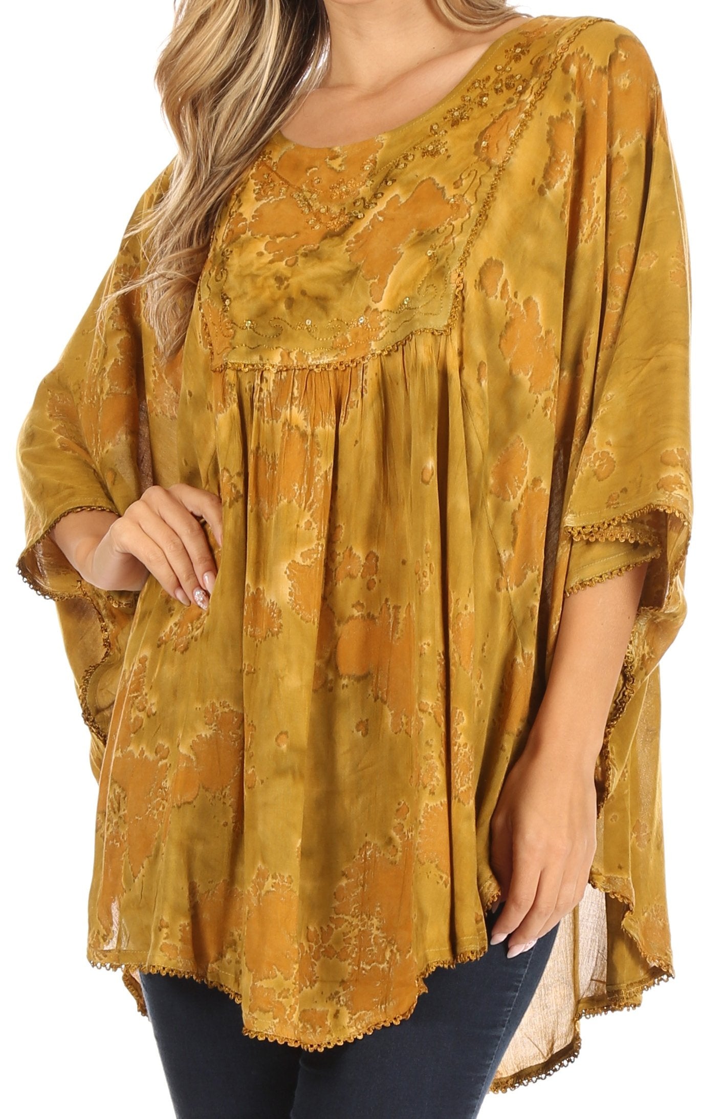 Sakkas Cleeo Long Wide Tie Dye Lace Embroidered Sequin Poncho Blouse Top Cover Up - Concordia Style Boutique