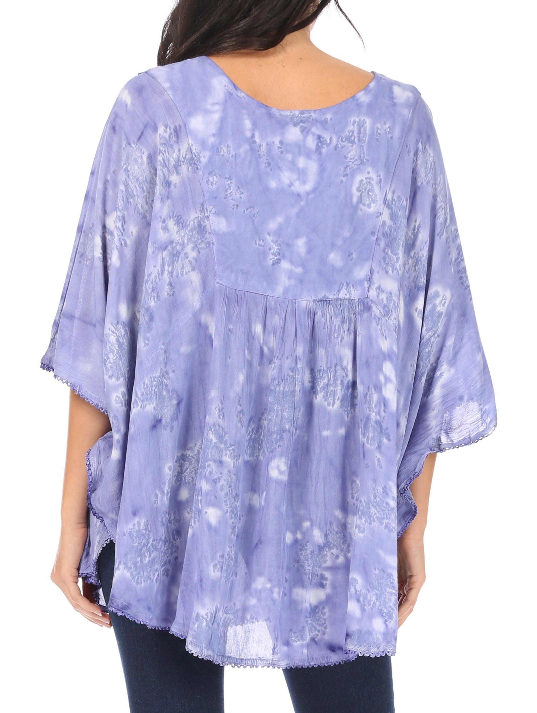 Sakkas Cleeo Long Wide Tie Dye Lace Embroidered Sequin Poncho Blouse Top Cover Up - Concordia Style Boutique