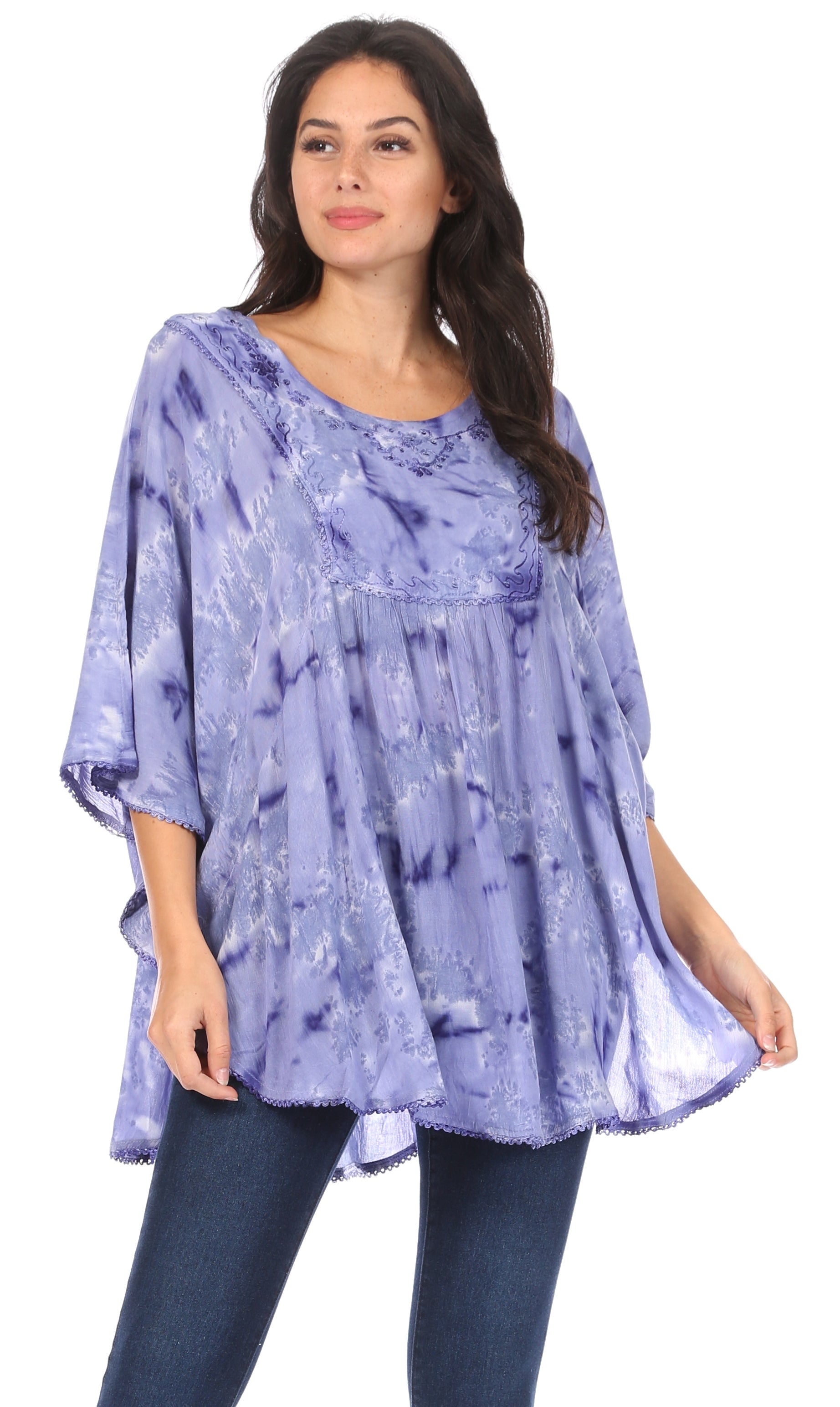 Sakkas Cleeo Long Wide Tie Dye Lace Embroidered Sequin Poncho Blouse Top Cover Up - Concordia Style Boutique