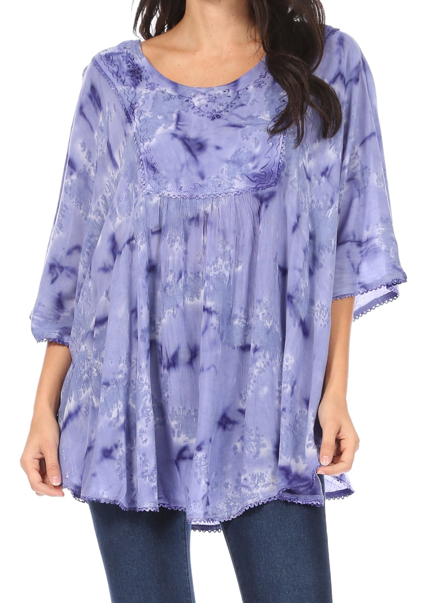 Sakkas Cleeo Long Wide Tie Dye Lace Embroidered Sequin Poncho Blouse Top Cover Up - Concordia Style Boutique