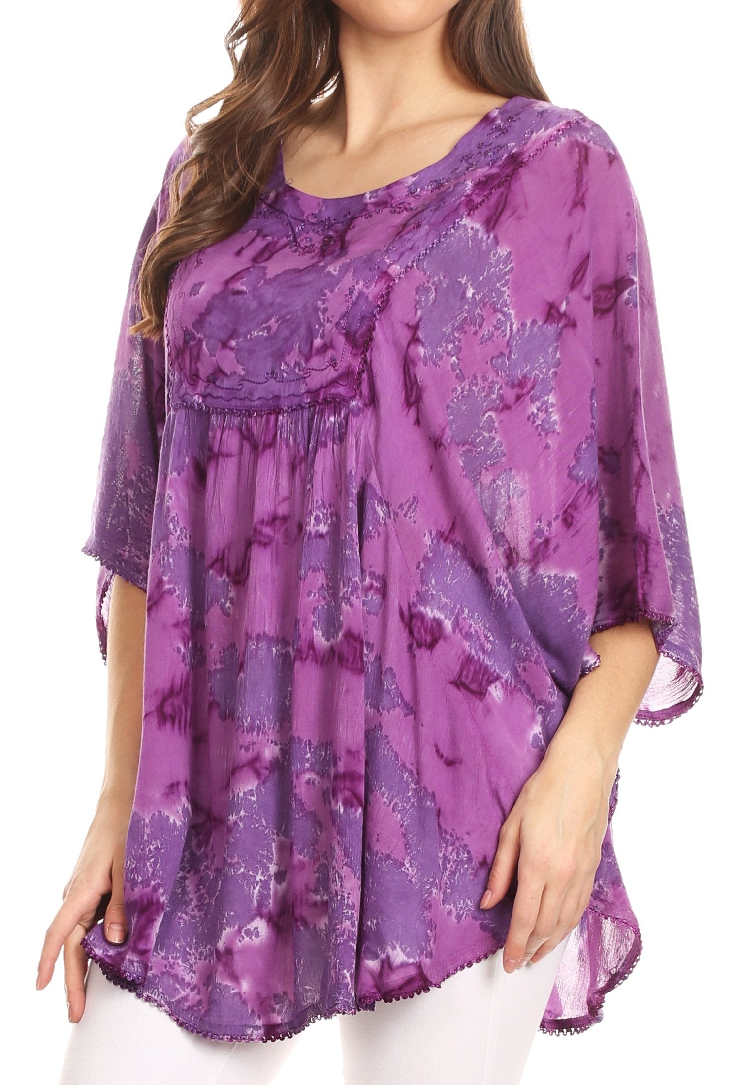 Sakkas Cleeo Long Wide Tie Dye Lace Embroidered Sequin Poncho Blouse Top Cover Up - Concordia Style Boutique