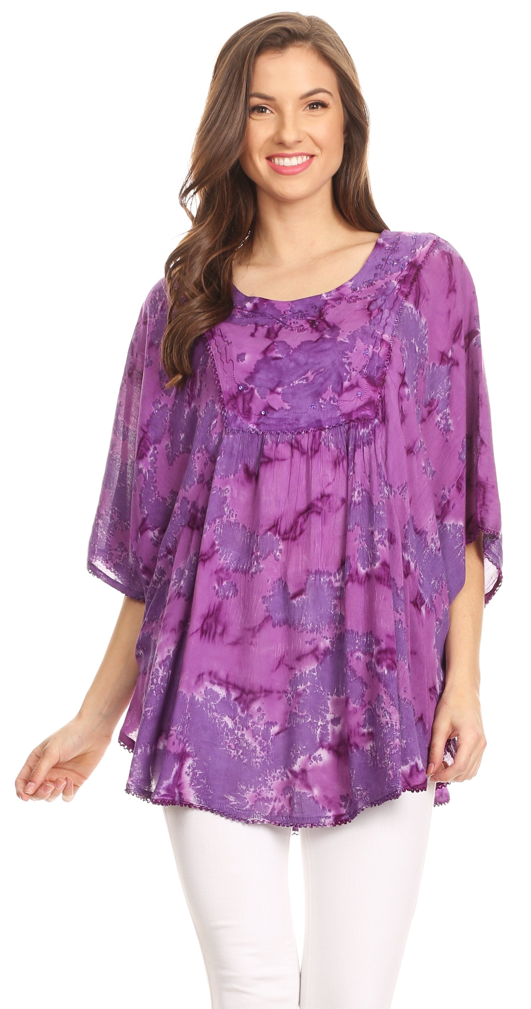 Sakkas Cleeo Long Wide Tie Dye Lace Embroidered Sequin Poncho Blouse Top Cover Up - Concordia Style Boutique