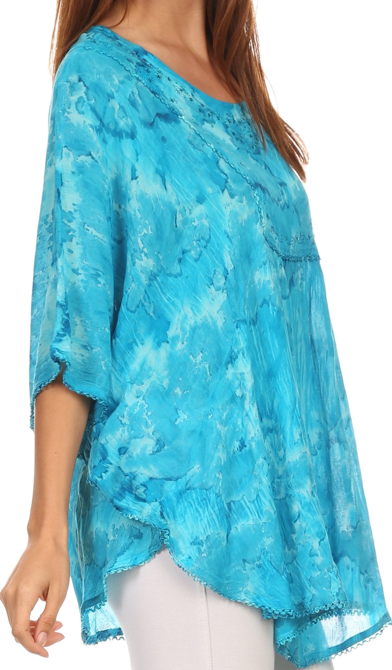 Sakkas Cleeo Long Wide Tie Dye Lace Embroidered Sequin Poncho Blouse Top Cover Up - Concordia Style Boutique