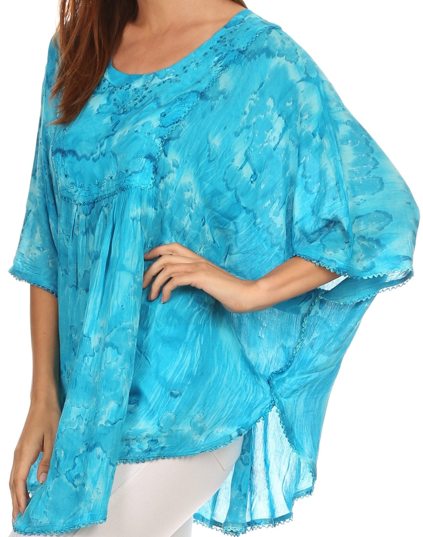 Sakkas Cleeo Long Wide Tie Dye Lace Embroidered Sequin Poncho Blouse Top Cover Up - Concordia Style Boutique