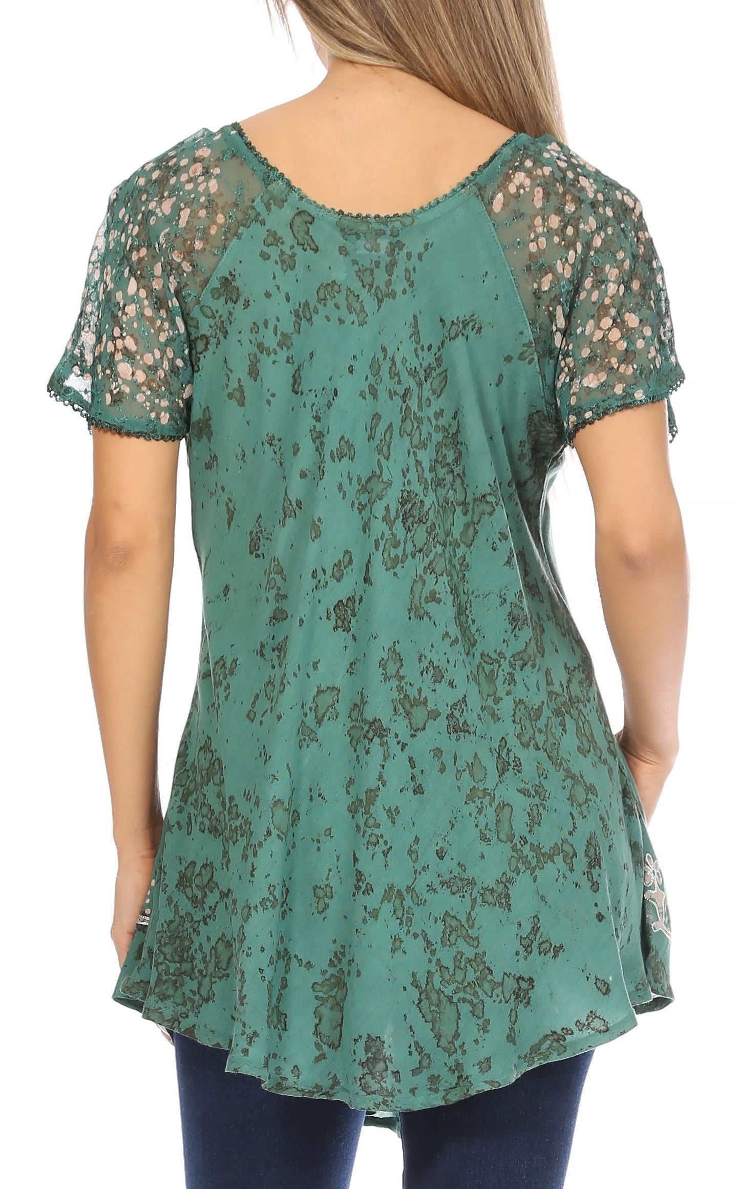 Sakkas Ash Speckled Tiedye Embroidered Cap Sleeve Blouse Top With Embroidery Hems - Concordia Style Boutique