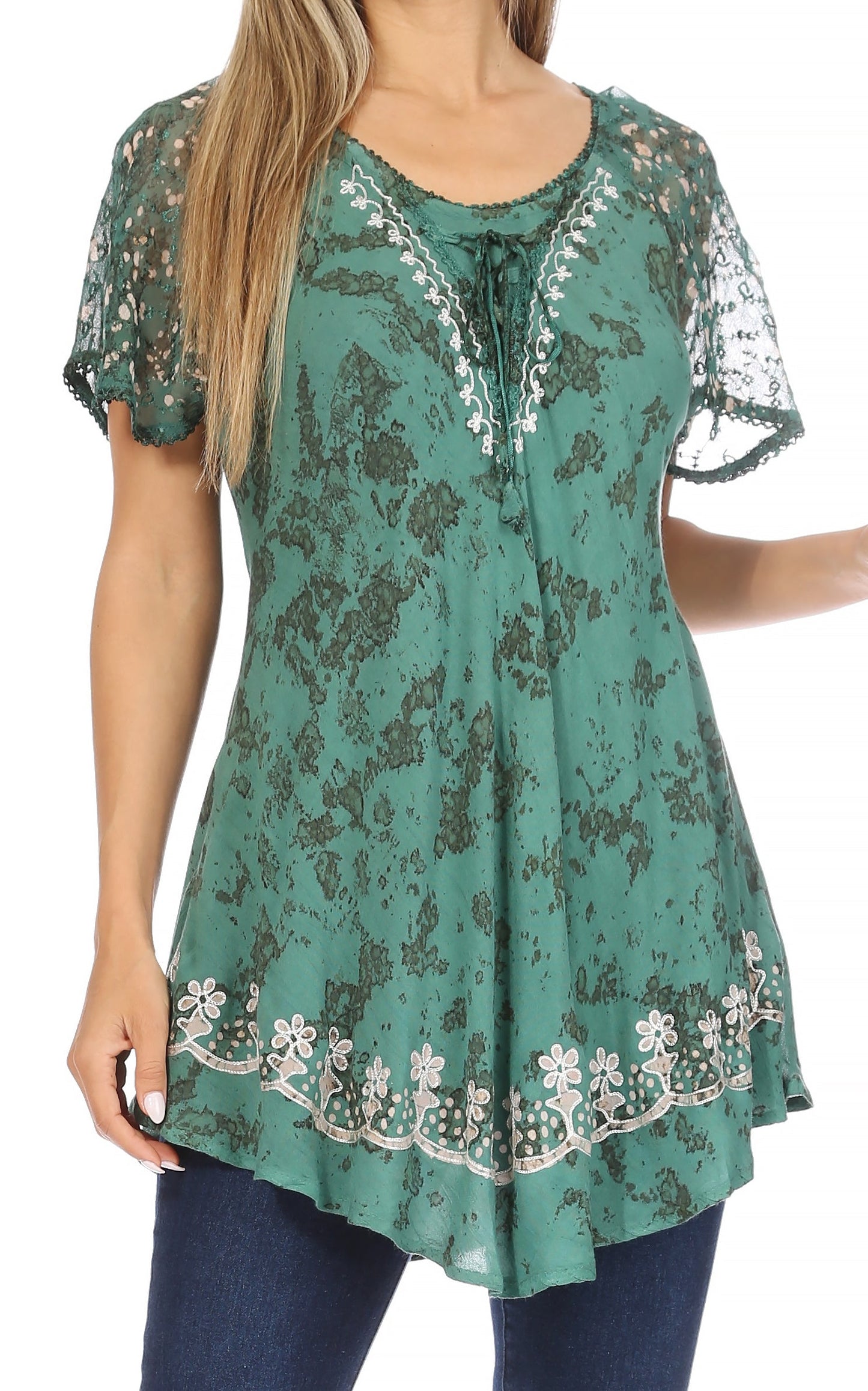 Sakkas Ash Speckled Tiedye Embroidered Cap Sleeve Blouse Top With Embroidery Hems - Concordia Style Boutique