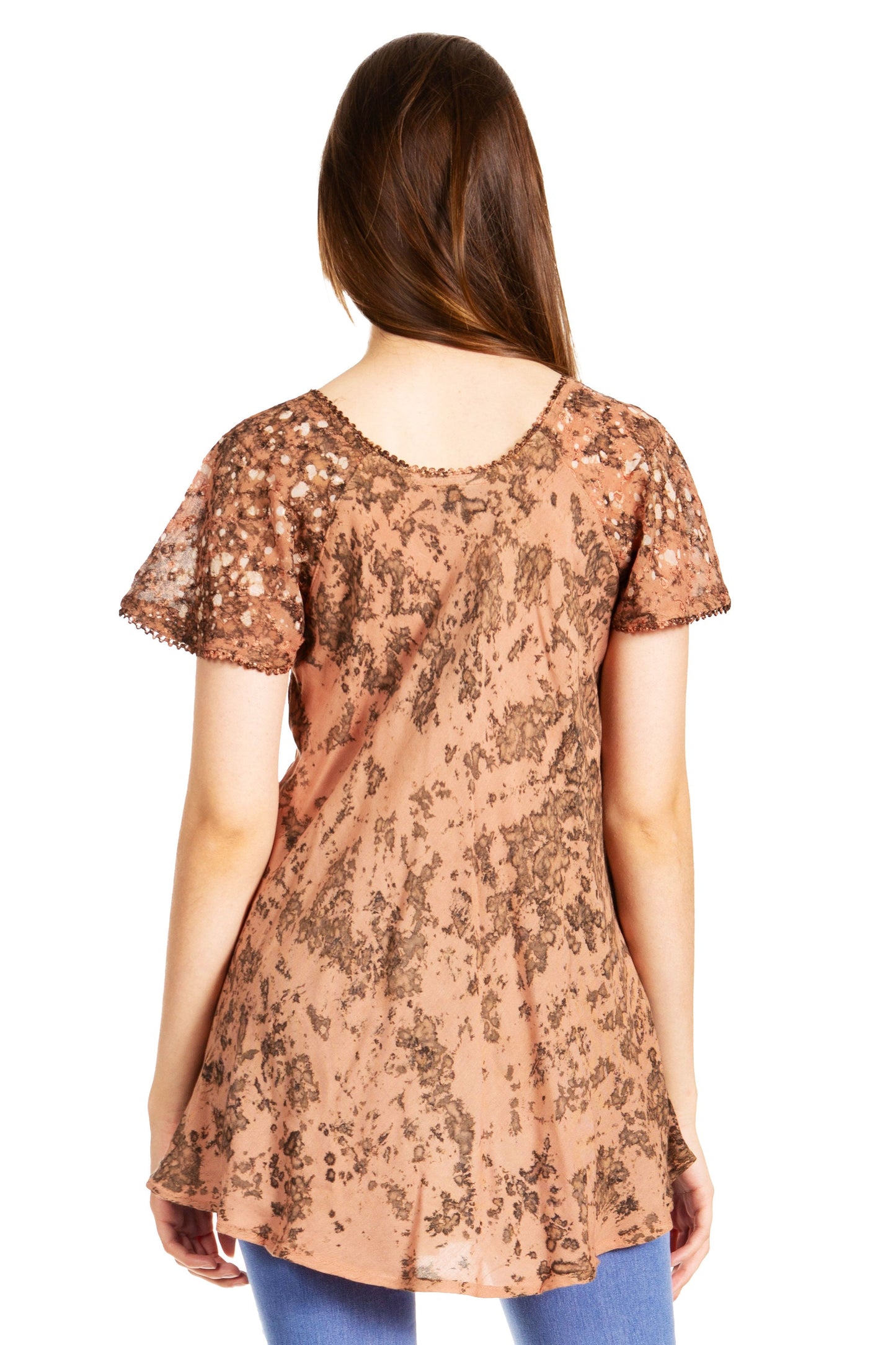 Sakkas Ash Speckled Tiedye Embroidered Cap Sleeve Blouse Top With Embroidery Hems - Concordia Style Boutique