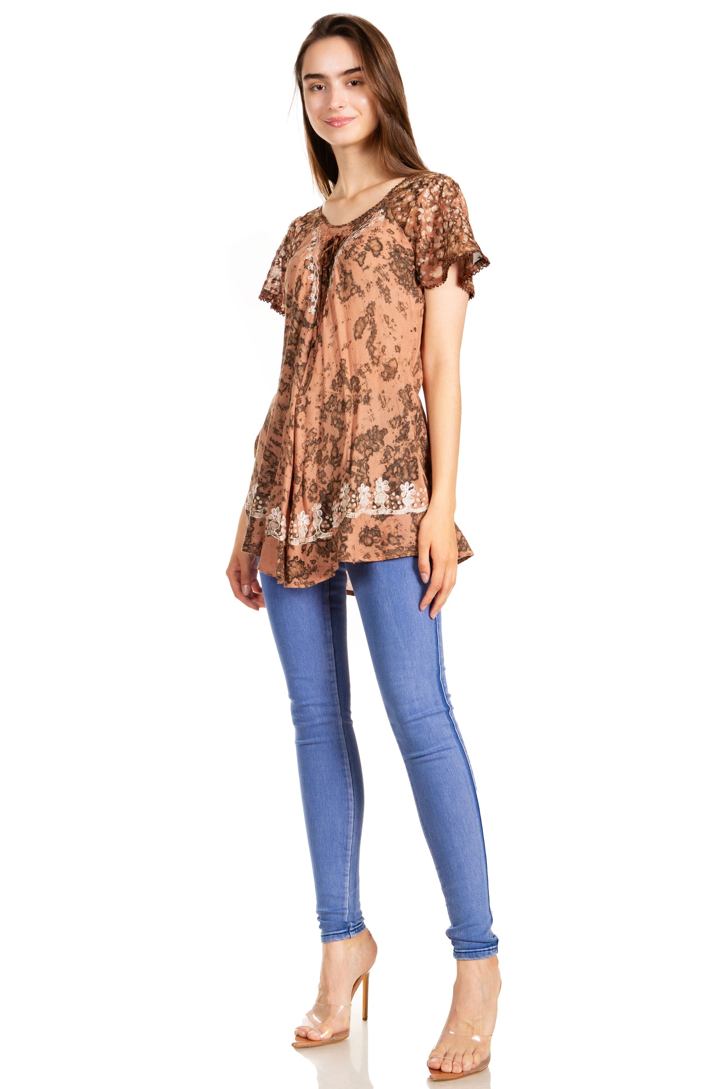 Sakkas Ash Speckled Tiedye Embroidered Cap Sleeve Blouse Top With Embroidery Hems - Concordia Style Boutique