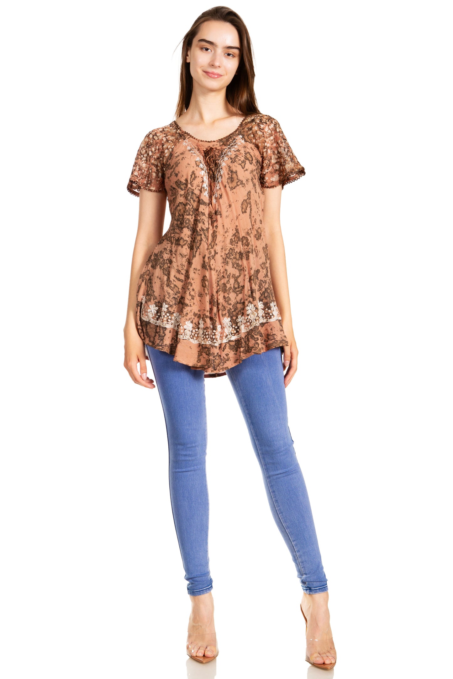 Sakkas Ash Speckled Tiedye Embroidered Cap Sleeve Blouse Top With Embroidery Hems - Concordia Style Boutique