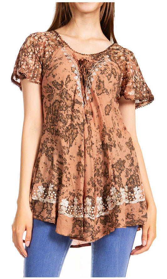 Sakkas Ash Speckled Tiedye Embroidered Cap Sleeve Blouse Top With Embroidery Hems - Concordia Style Boutique