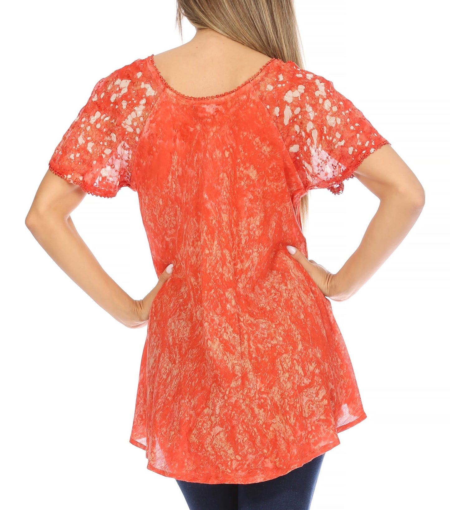 Sakkas Ash Speckled Tiedye Embroidered Cap Sleeve Blouse Top With Embroidery Hems - Concordia Style Boutique