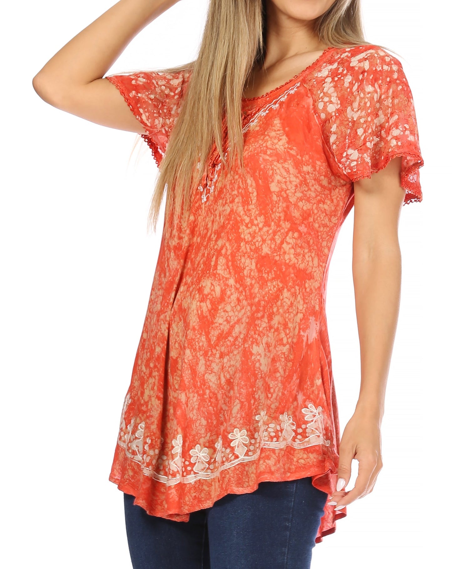 Sakkas Ash Speckled Tiedye Embroidered Cap Sleeve Blouse Top With Embroidery Hems - Concordia Style Boutique