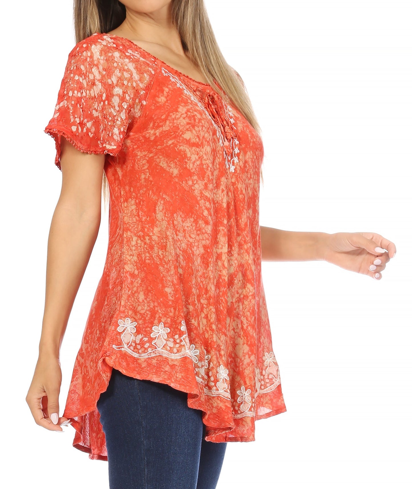 Sakkas Ash Speckled Tiedye Embroidered Cap Sleeve Blouse Top With Embroidery Hems - Concordia Style Boutique