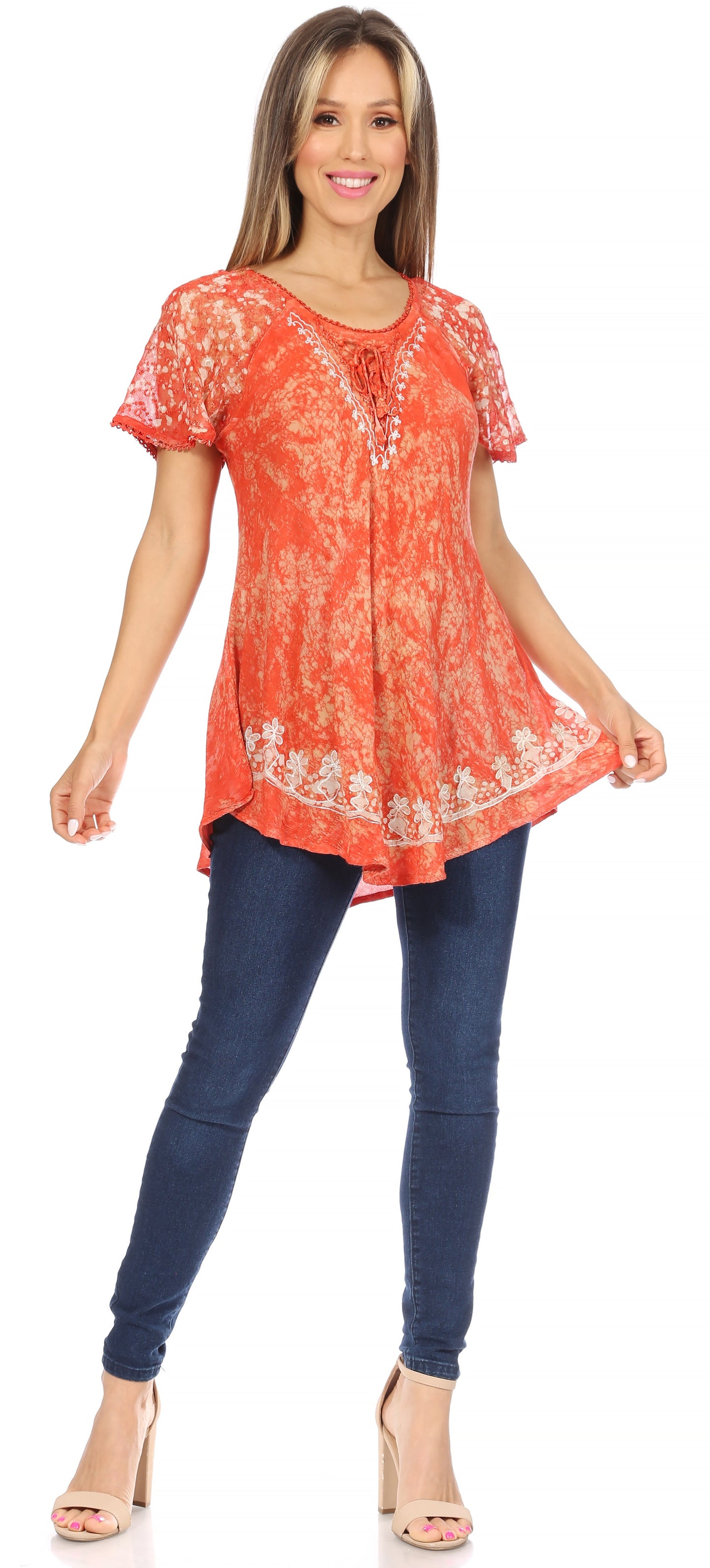 Sakkas Ash Speckled Tiedye Embroidered Cap Sleeve Blouse Top With Embroidery Hems - Concordia Style Boutique