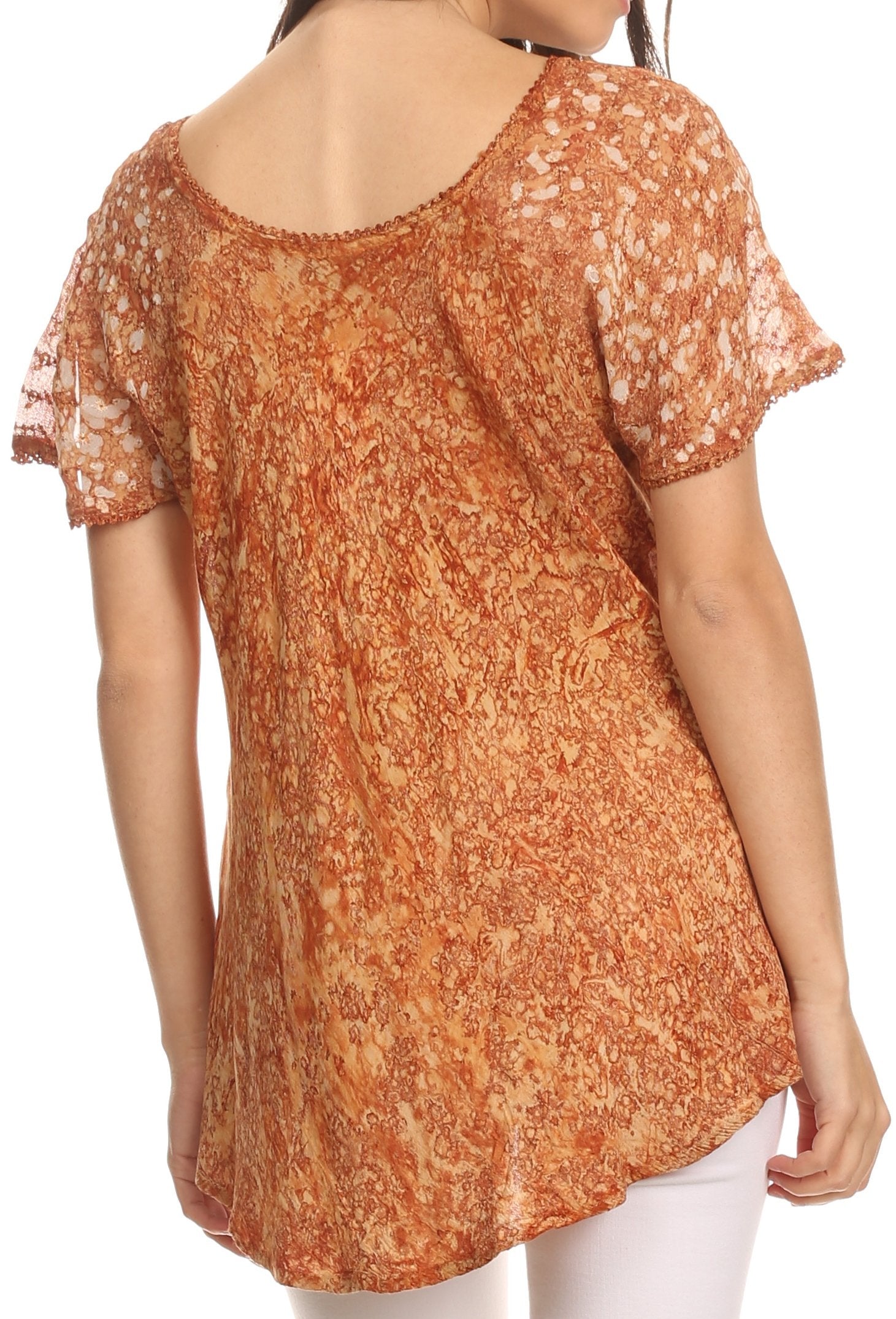 Sakkas Ash Speckled Tiedye Embroidered Cap Sleeve Blouse Top With Embroidery Hems - Concordia Style Boutique