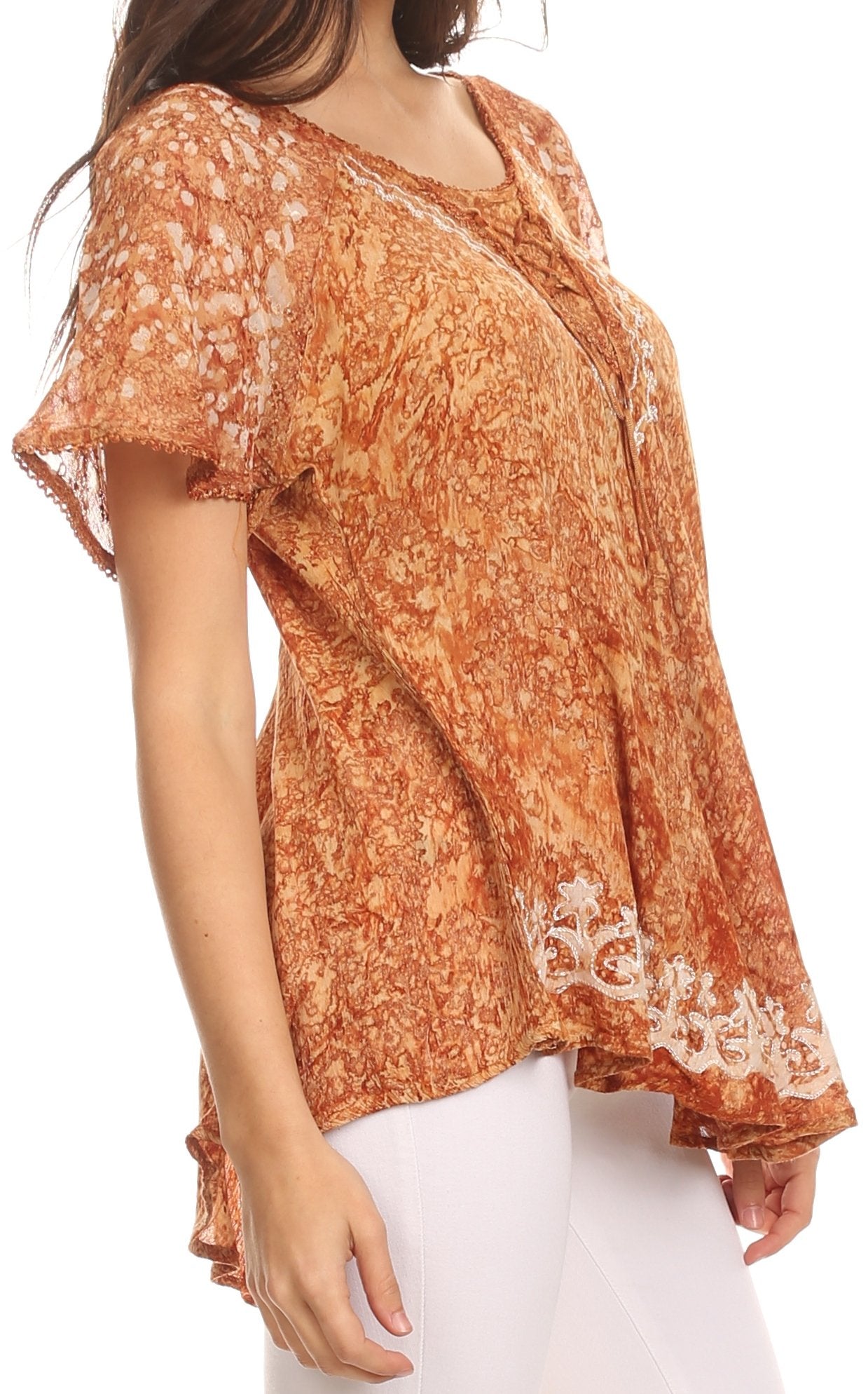 Sakkas Ash Speckled Tiedye Embroidered Cap Sleeve Blouse Top With Embroidery Hems - Concordia Style Boutique
