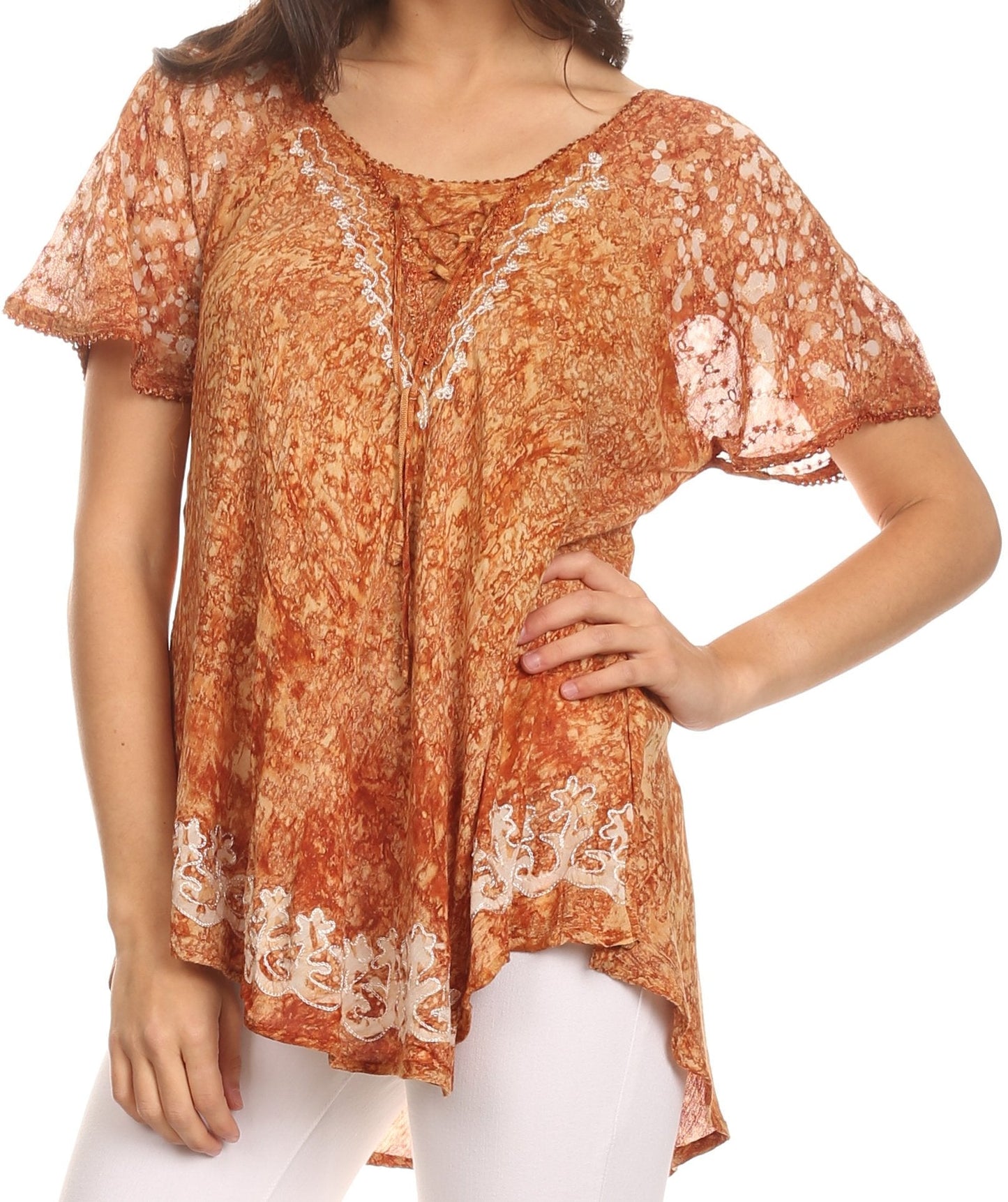 Sakkas Ash Speckled Tiedye Embroidered Cap Sleeve Blouse Top With Embroidery Hems - Concordia Style Boutique