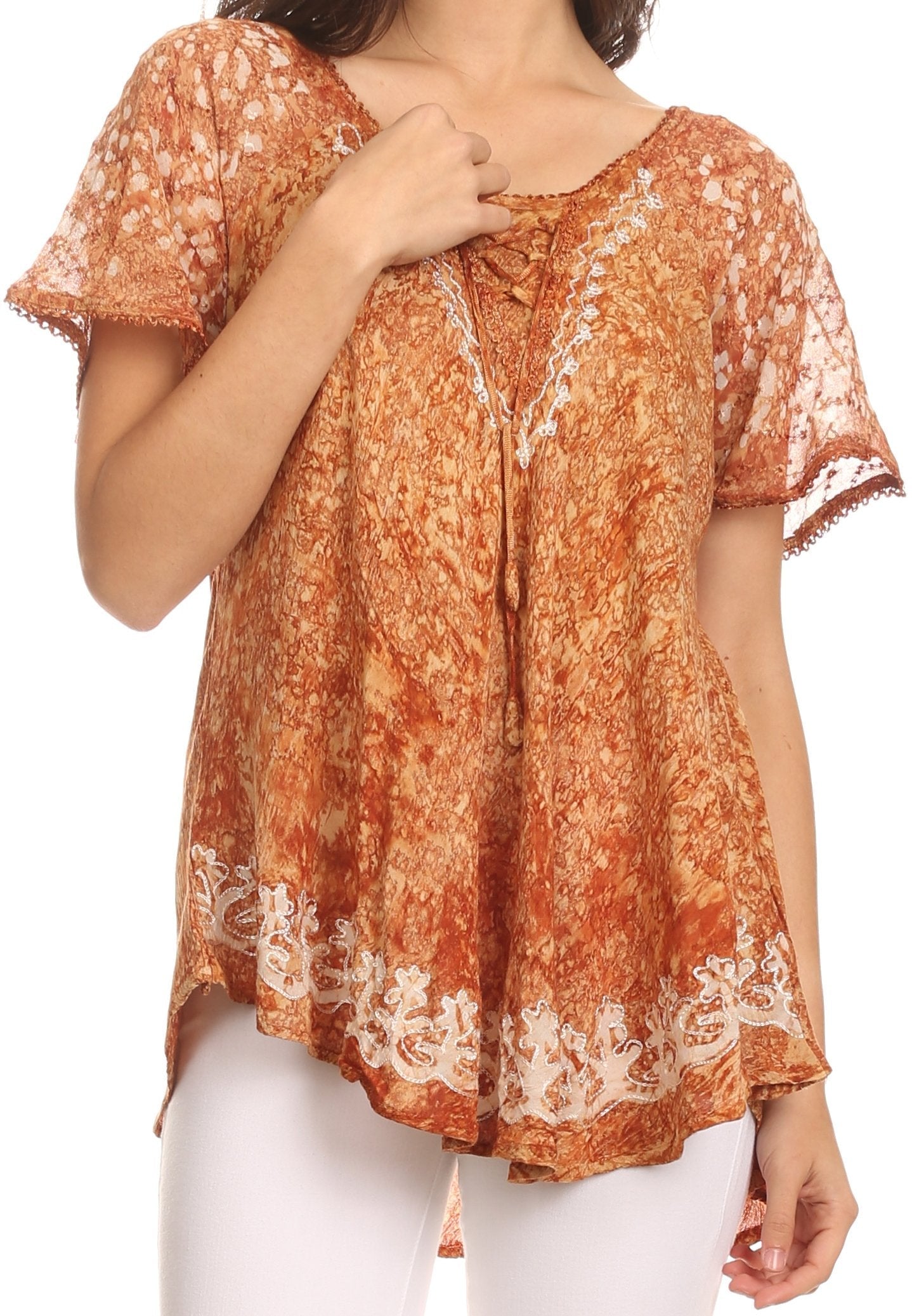 Sakkas Ash Speckled Tiedye Embroidered Cap Sleeve Blouse Top With Embroidery Hems - Concordia Style Boutique