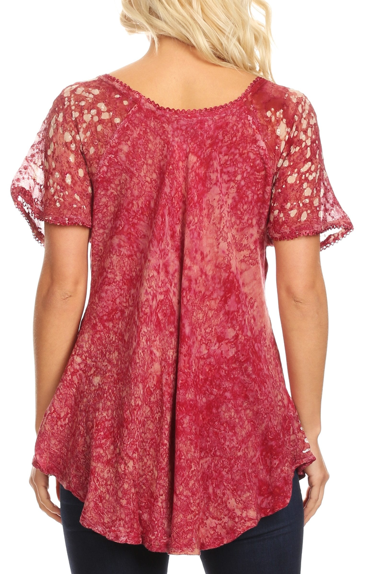 Sakkas Ash Speckled Tiedye Embroidered Cap Sleeve Blouse Top With Embroidery Hems - Concordia Style Boutique