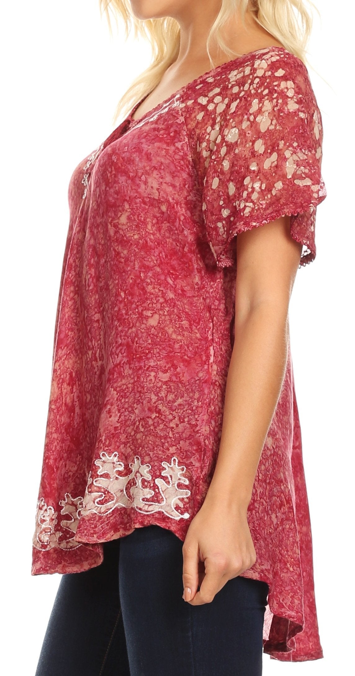 Sakkas Ash Speckled Tiedye Embroidered Cap Sleeve Blouse Top With Embroidery Hems - Concordia Style Boutique